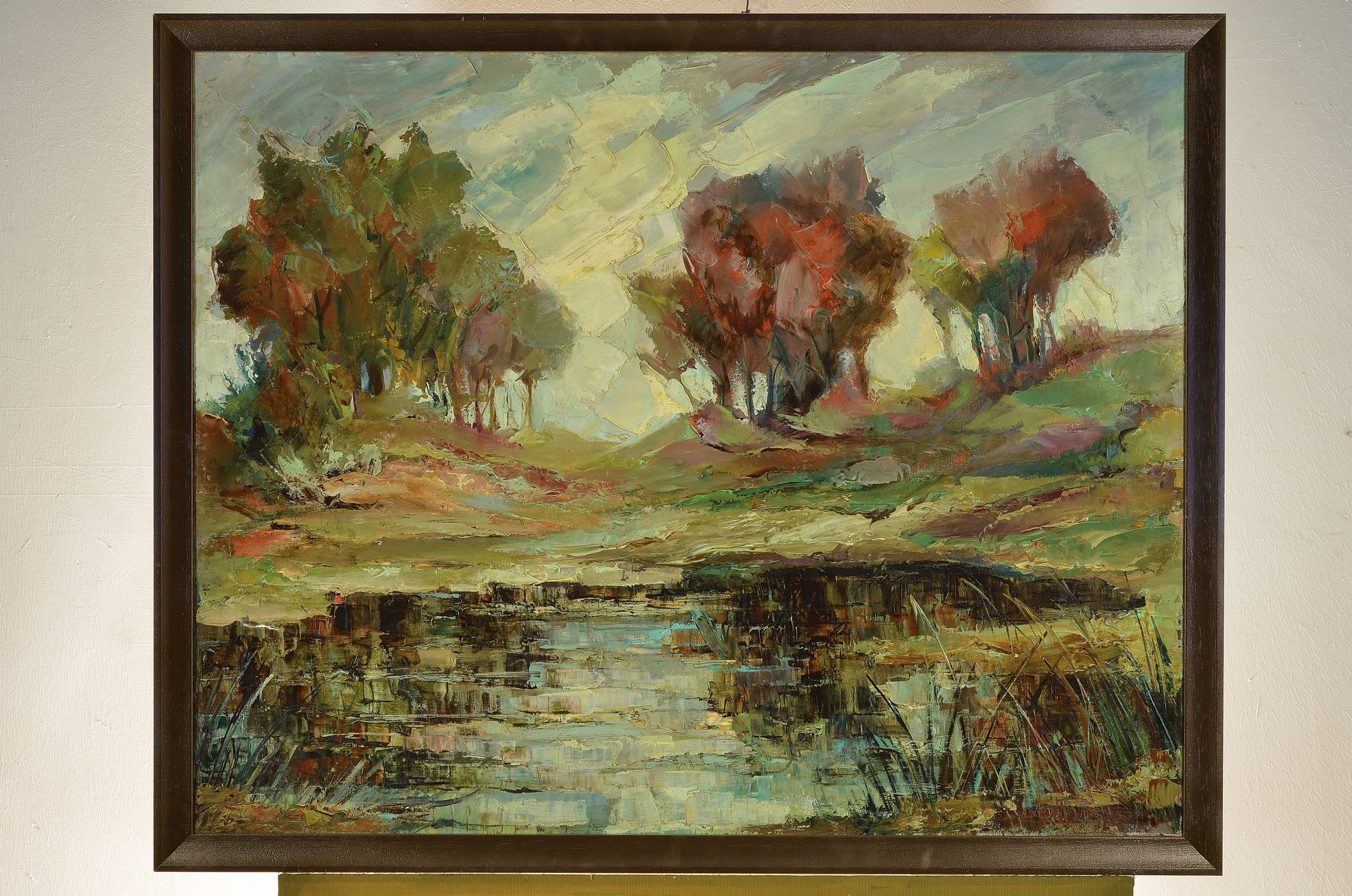 Detail k: Karl Philipp Spitzer, 1887-1954 Speyer, Herbstliche Landschaft mit Weiher, Öl/Lwd, teils Spachtelarbeit, breiter expressiver Pinselduktus, rechts ...