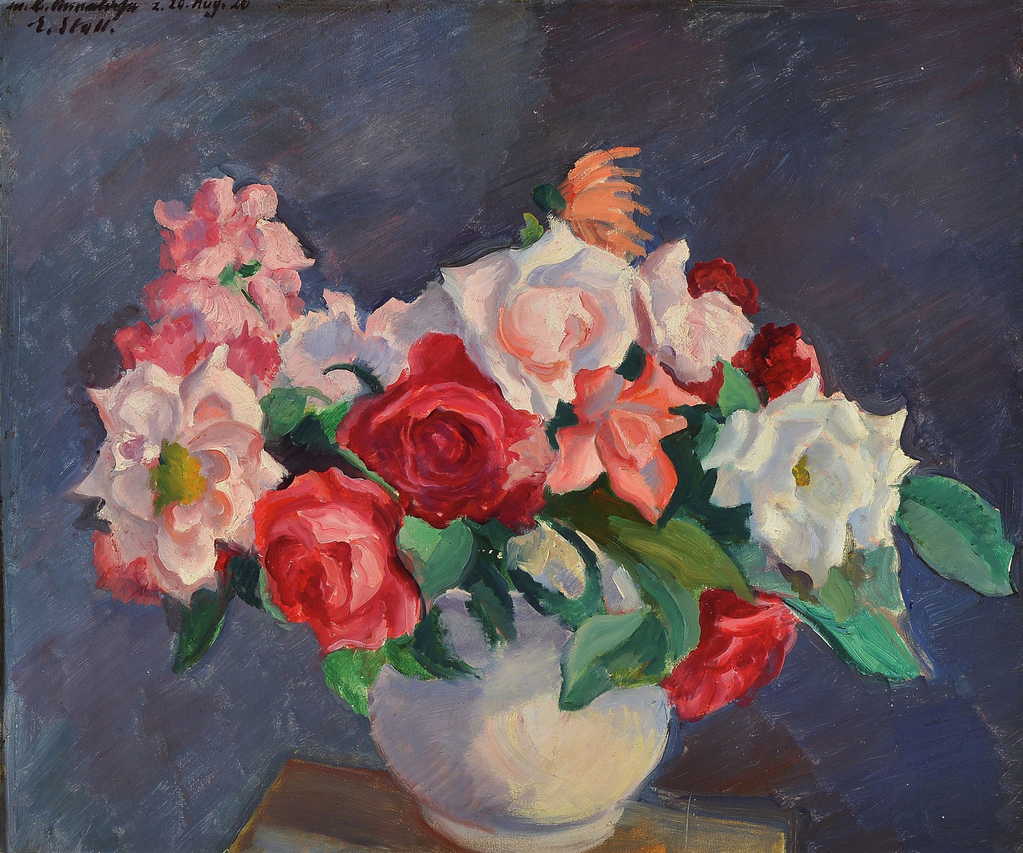 Eugen Stoll, 1895-1978 Ludwigshafen, Studium an der Akademie Karlsruhe, Meisterschüler von Albert Haueisen, hier: Blumenstillleben, Öl/Malkarton, ...