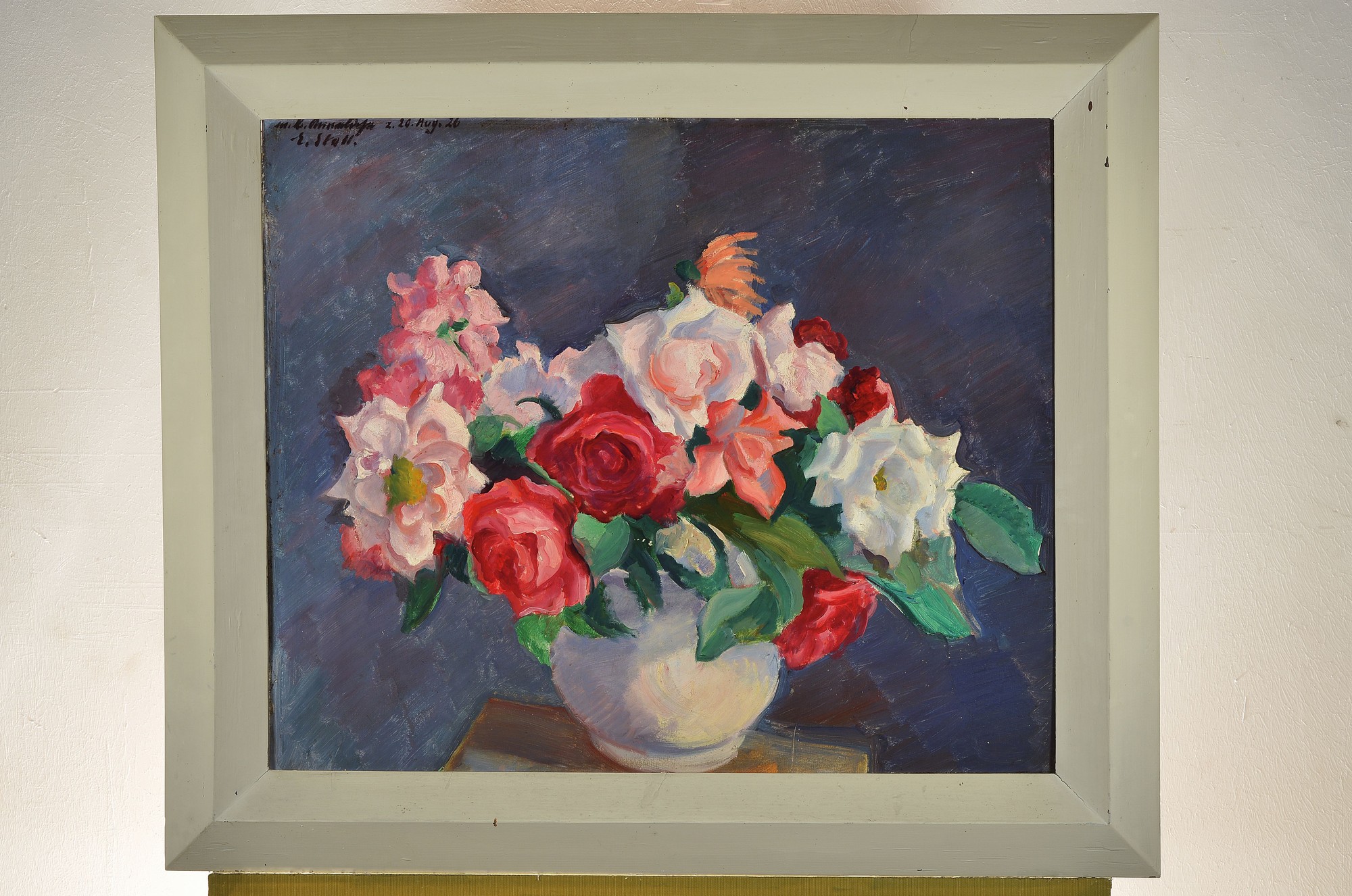 Detail k: Eugen Stoll, 1895-1978 Ludwigshafen, Studium an der Akademie Karlsruhe, Meisterschüler von Albert Haueisen, hier: Blumenstillleben, Öl/Malkarton, ...