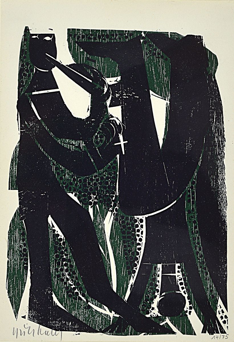 HAP Grieshaber, 1909 Rot-1981 Eningen, Der Handstand, Farbholzschnitt in Grün und Schwarz, handsigniert, num. 14/75, ca. 23.5x16.5cm, PP, u.Gl., R. ...