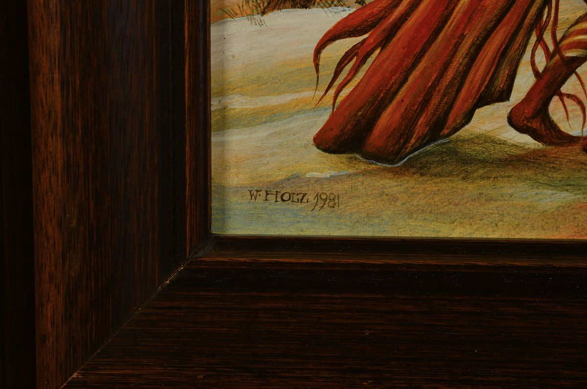 Detail a: Werner Holz, 1948 Grünstadt-1991 Ludwigshafen am Rhein, namhafter Vertreter des Phantastischen Realismus, hier: Vogelfänger, Öl/Holz, links unten ...