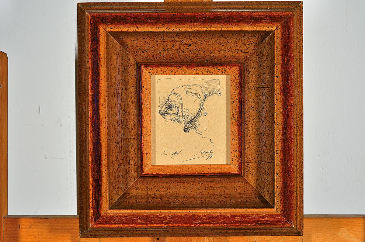 Detail l: Werner Holz, 1948 Grünstadt-1991 Ludwigshafen am Rhein, namhafter Vertreter des Phantastischen Realismus, hier: zwei Arbeiten: Ein Schaf, Zeichnung ...