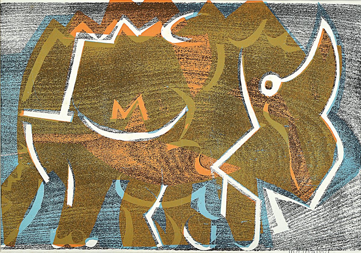 HAP Grieshaber, 1909 Rot-1981 Eningen, Nashorn Saurier, Holzschnitt in schwarz, blau und ocker, von 1972, rechts unten signiert, ca. 29x41cm, PP, ...