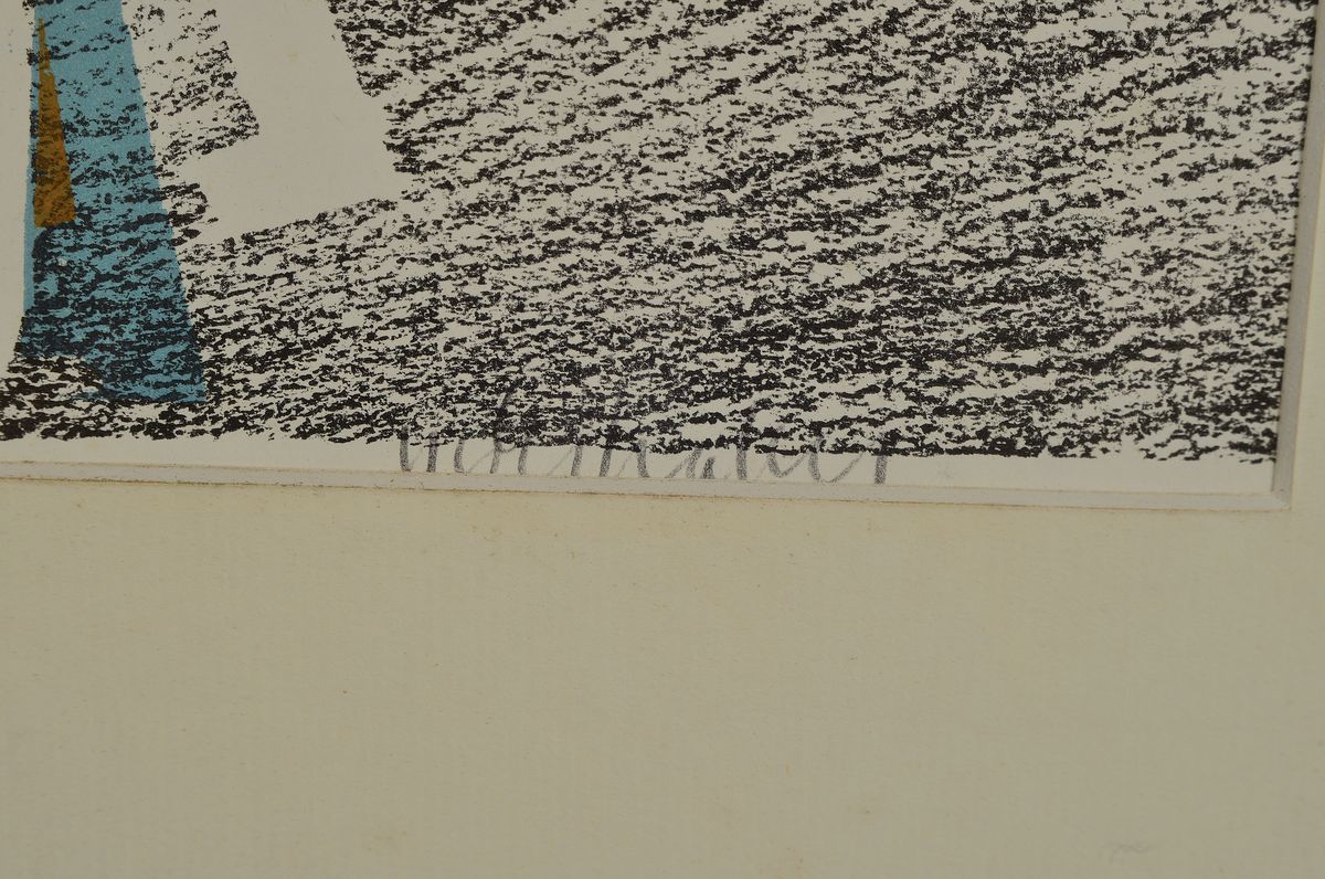 Detail a: HAP Grieshaber, 1909 Rot-1981 Eningen, Nashorn Saurier, Holzschnitt in schwarz, blau und ocker, von 1972, rechts unten signiert, ca. 29x41cm, PP, ...