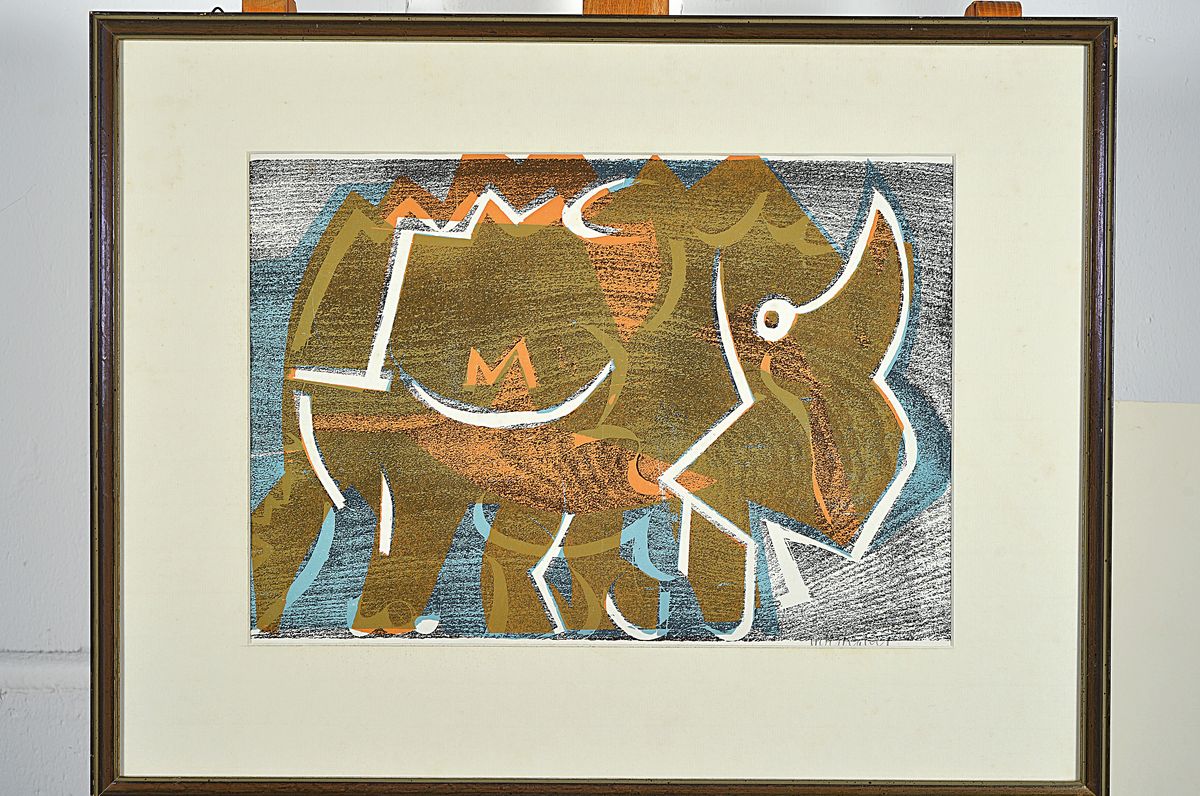 Detail k: HAP Grieshaber, 1909 Rot-1981 Eningen, Nashorn Saurier, Holzschnitt in schwarz, blau und ocker, von 1972, rechts unten signiert, ca. 29x41cm, PP, ...