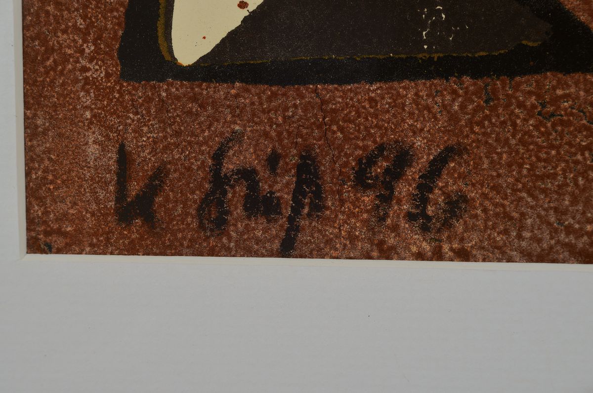 Detail a: Klaus Süß, geb. 1951 Crottendorf/Erzgebirge, tätig in Chemnitz, Der Angriff, übermalter Farblinolschnitt, links unten signiert und dat. 96, ...