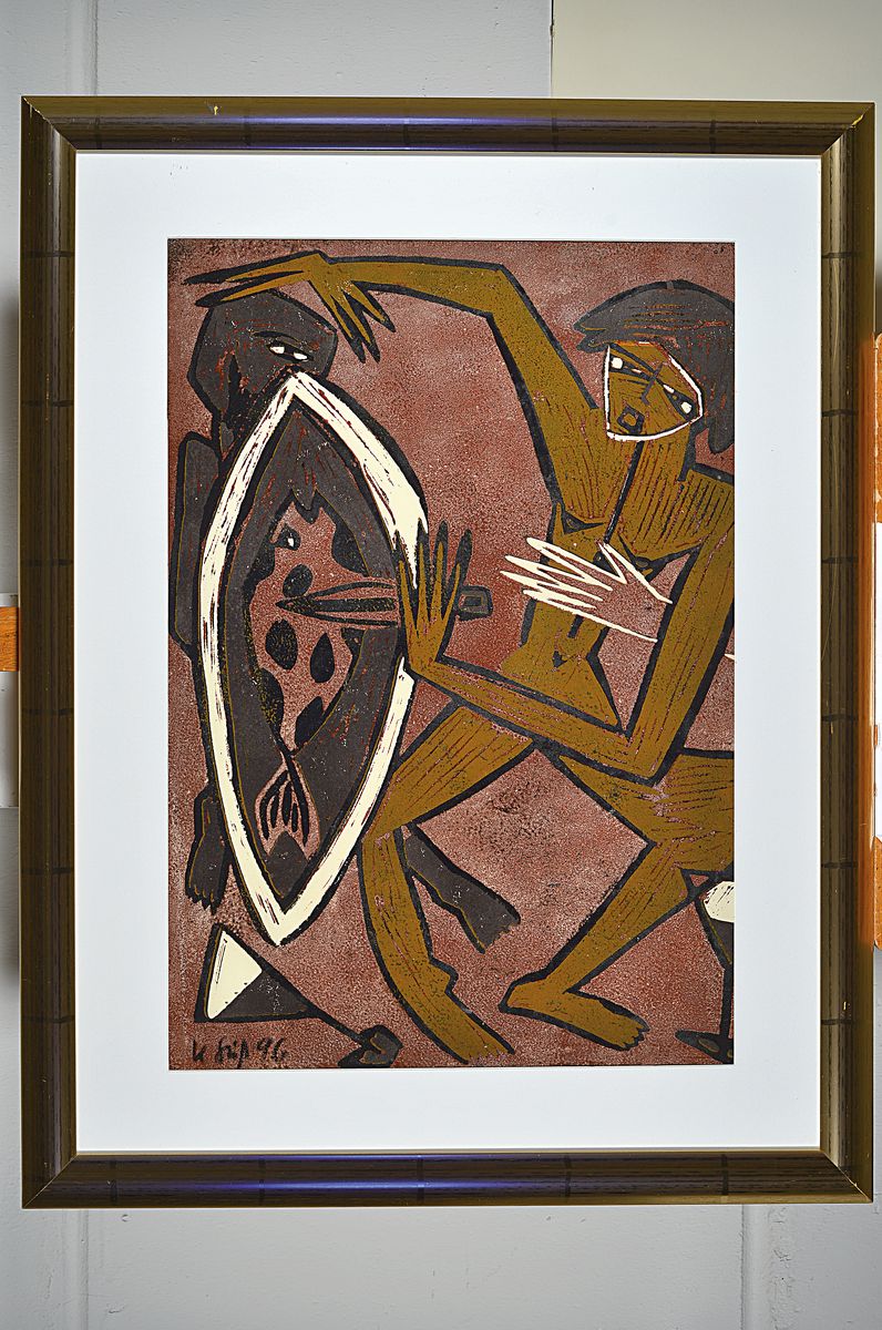 Detail k: Klaus Süß, geb. 1951 Crottendorf/Erzgebirge, tätig in Chemnitz, Der Angriff, übermalter Farblinolschnitt, links unten signiert und dat. 96, ...