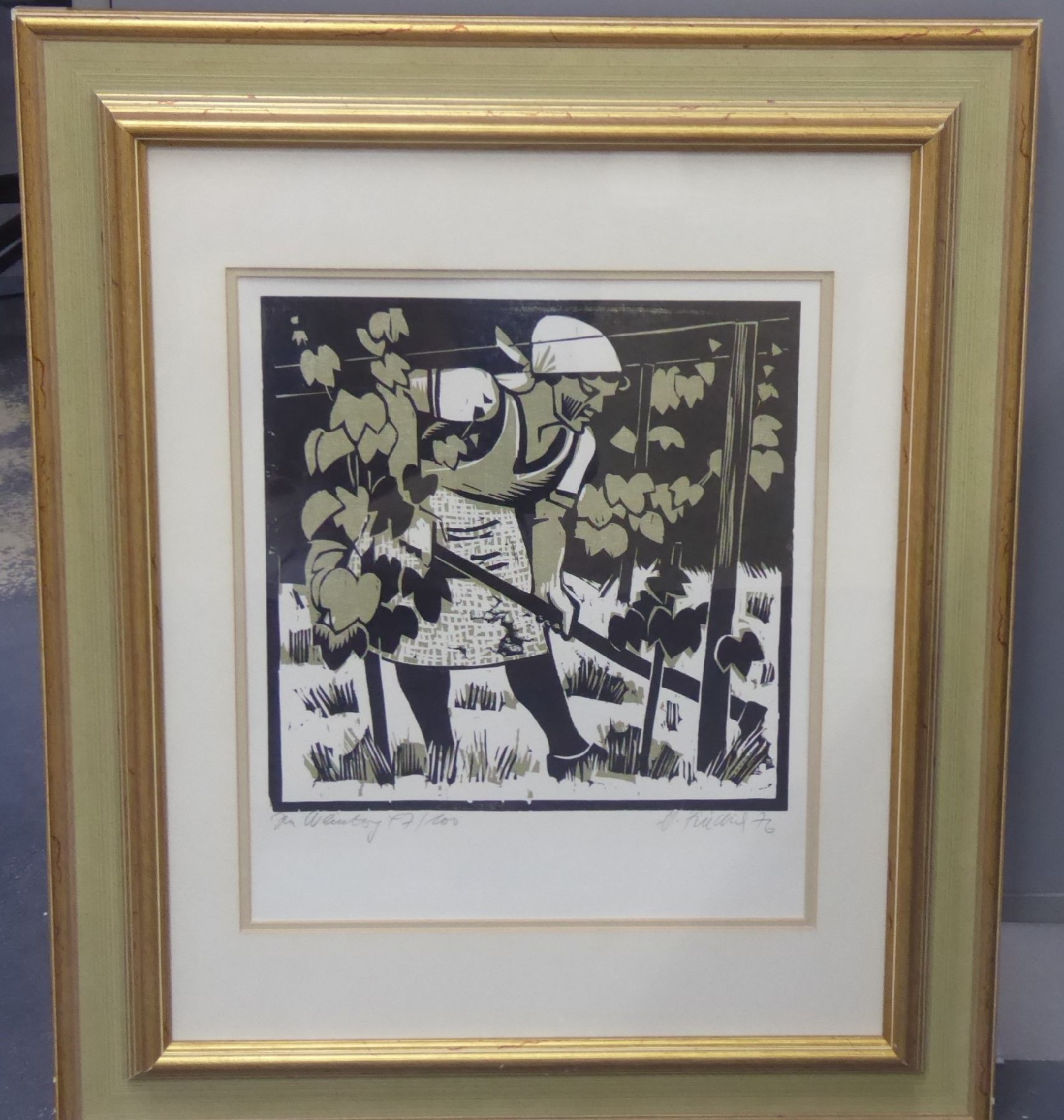 Detail b: Heinz Friedrich, 1924-2018 Schwetzingen, zwei Farbholzschnitte: Im Weinberg, signiert und dat. 1976, betitelt und num. 47/100, ca. 28x28cm, PP, ...