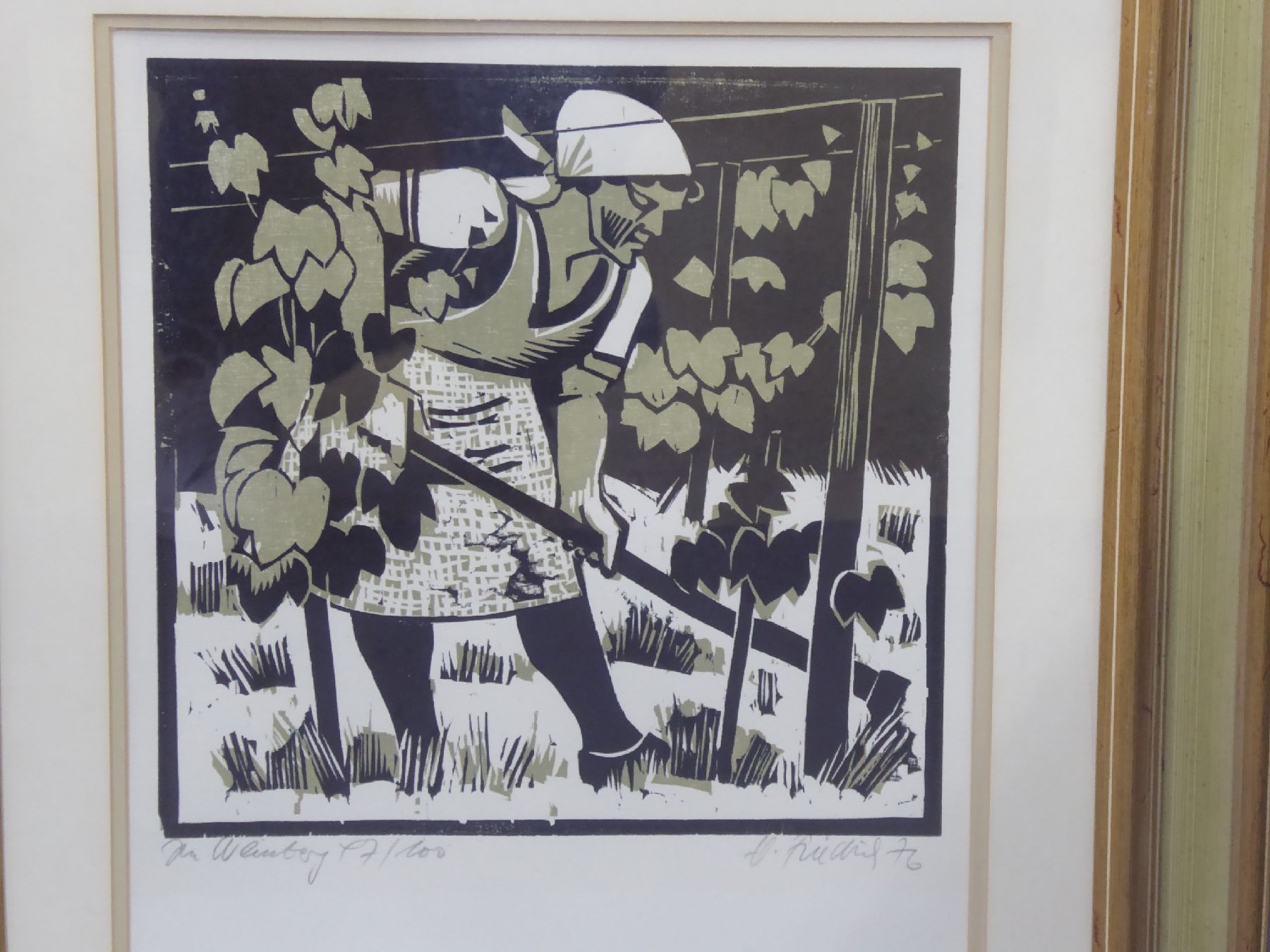 Detail c: Heinz Friedrich, 1924-2018 Schwetzingen, zwei Farbholzschnitte: Im Weinberg, signiert und dat. 1976, betitelt und num. 47/100, ca. 28x28cm, PP, ...
