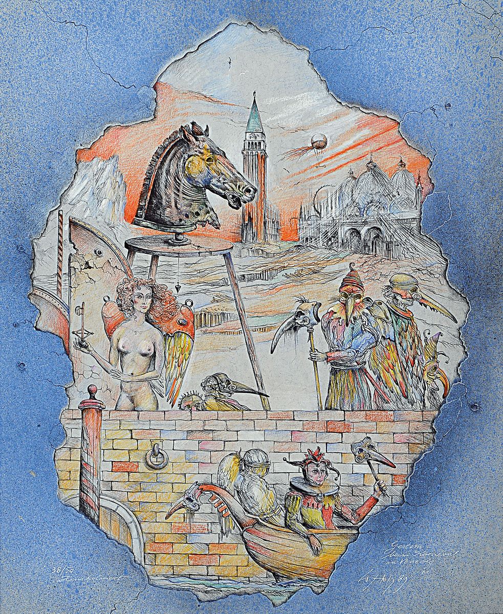 Werner Holz, 1948 Grünstadt-1991 Ludwigshafen am Rhein, namhafter Vertreter des Phantastischen Realismus, hier: Gestern- beim Karneval in Venedig, ...