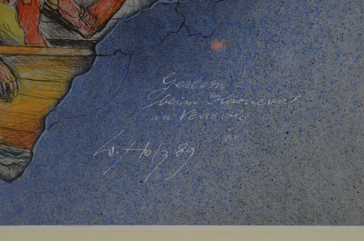 Detail a: Werner Holz, 1948 Grünstadt-1991 Ludwigshafen am Rhein, namhafter Vertreter des Phantastischen Realismus, hier: Gestern- beim Karneval in Venedig, ...
