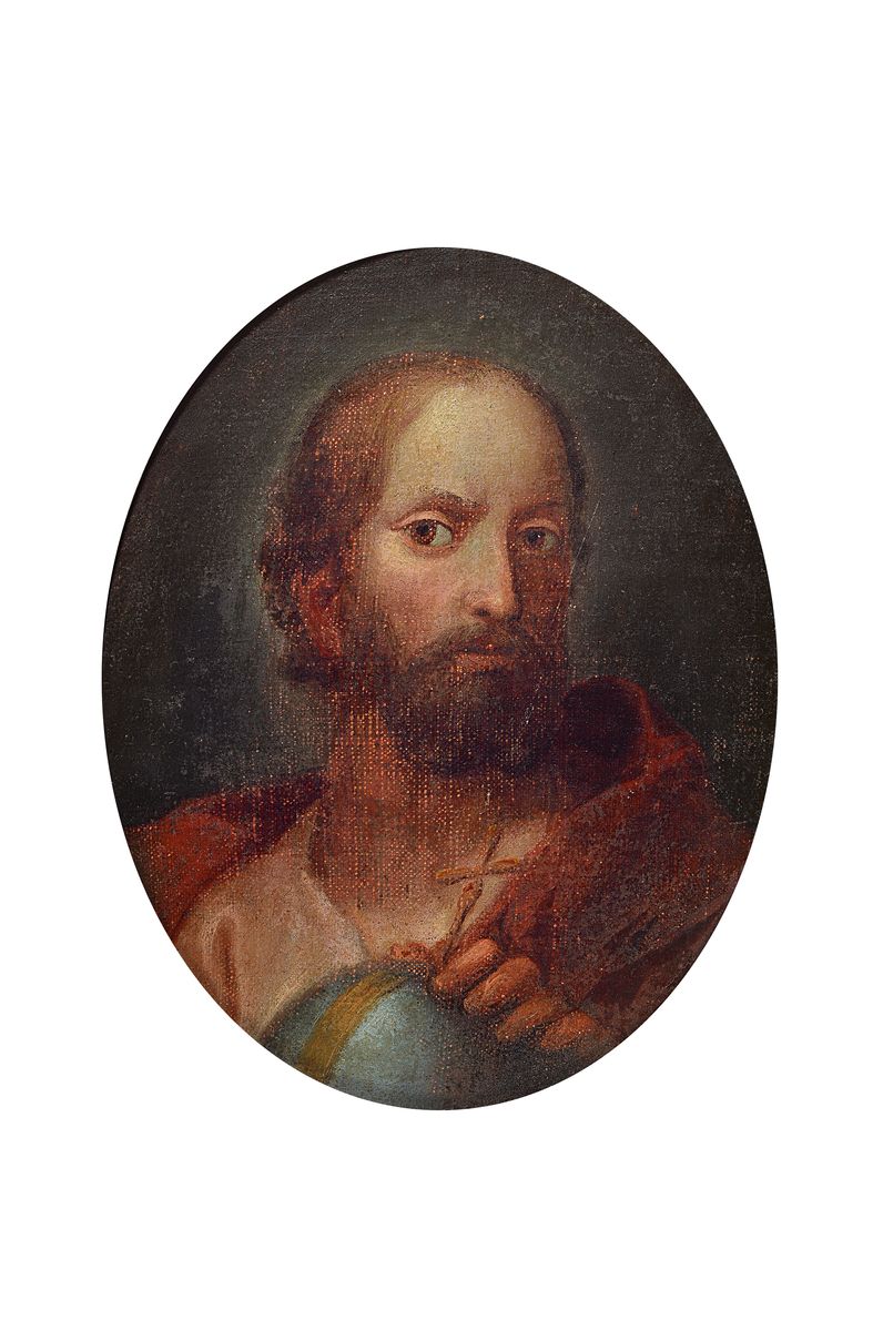 Detail a: Paar Heiligenporträts, Jesus Christus und Maria, nach italienischem Vorbild, um 1740/50, Augen auf den Betrachter gerichtet, Jesus als ...