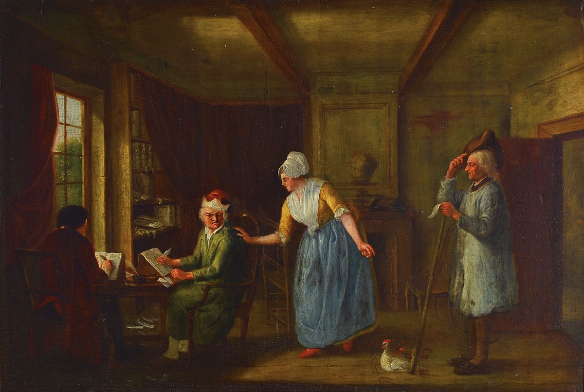 Biedermeiergemälde, deutsch, um 1830/40, In der Schreibstube, vielfigurige Darstellung, Hausherr mit Sekretär bei der Schreibarbeit, gestört von ...
