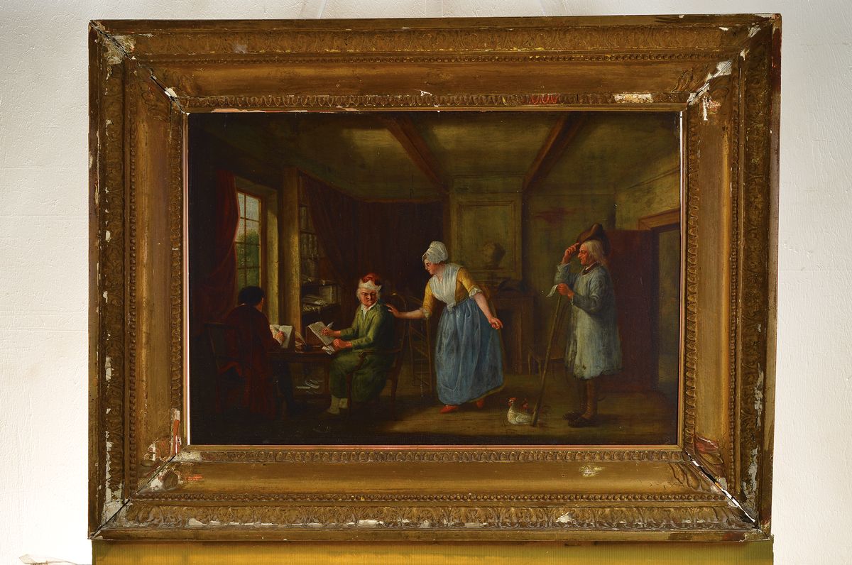 Detail k: Biedermeiergemälde, deutsch, um 1830/40, In der Schreibstube, vielfigurige Darstellung, Hausherr mit Sekretär bei der Schreibarbeit, gestört von ...