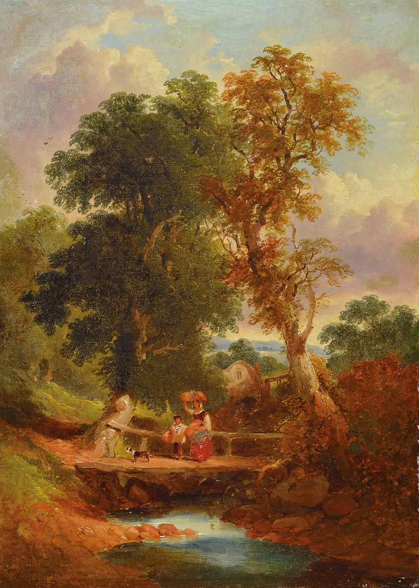 Hartor, wohl süddeutscher Landschaftsmaler, um 1850, romantische Darstellungen mit ziehendem Volk bzw. Frau mit Kind und Hund in idealer Landschaft, ...