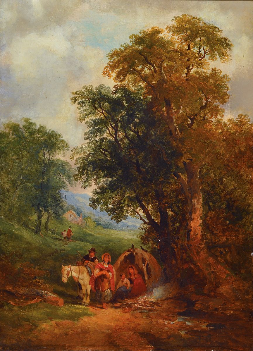 Detail b: Hartor, wohl süddeutscher Landschaftsmaler, um 1850, romantische Darstellungen mit ziehendem Volk bzw. Frau mit Kind und Hund in idealer Landschaft, ...