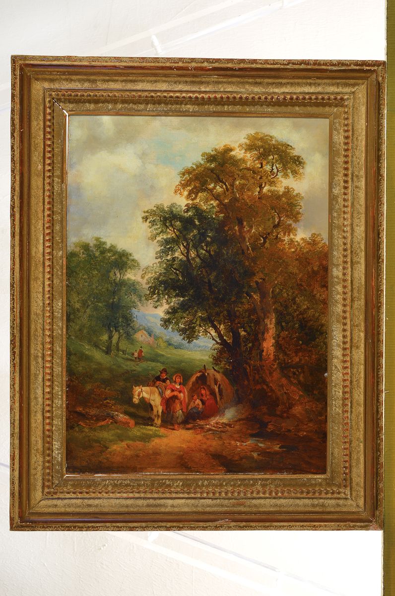 Detail m: Hartor, wohl süddeutscher Landschaftsmaler, um 1850, romantische Darstellungen mit ziehendem Volk bzw. Frau mit Kind und Hund in idealer Landschaft, ...