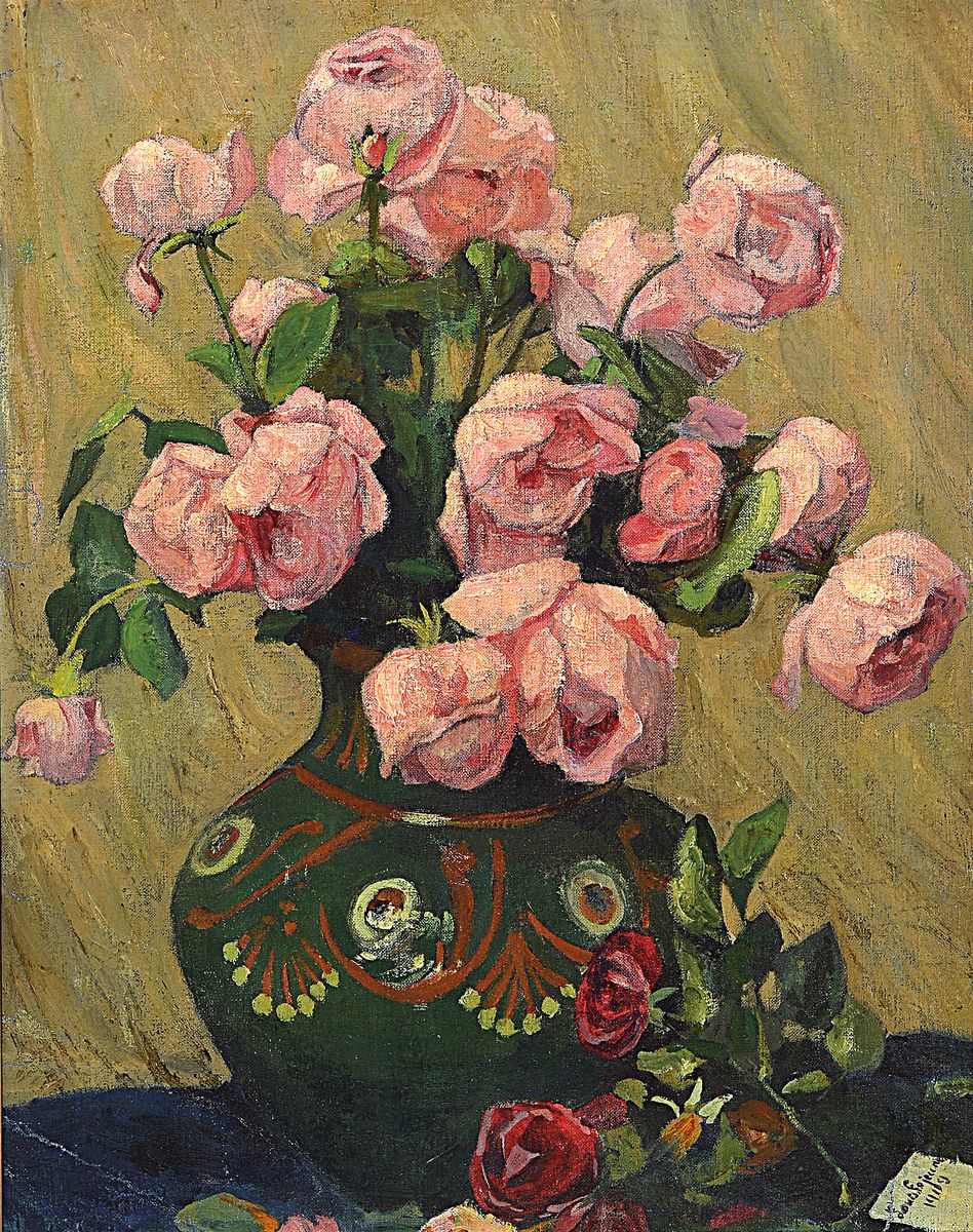 Lona Fojeune, Frankreich, dat. 1909, Stillleben mit Rosen in grüner, Keramikvasen, schöne plastische Wiedergabe der rosefarbenen Blüten, gute ...