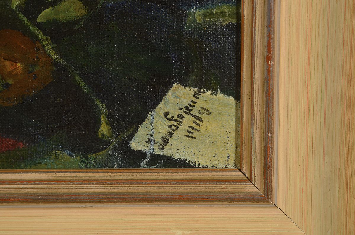Detail a: Lona Fojeune, Frankreich, dat. 1909, Stillleben mit Rosen in grüner, Keramikvasen, schöne plastische Wiedergabe der rosefarbenen Blüten, gute ...