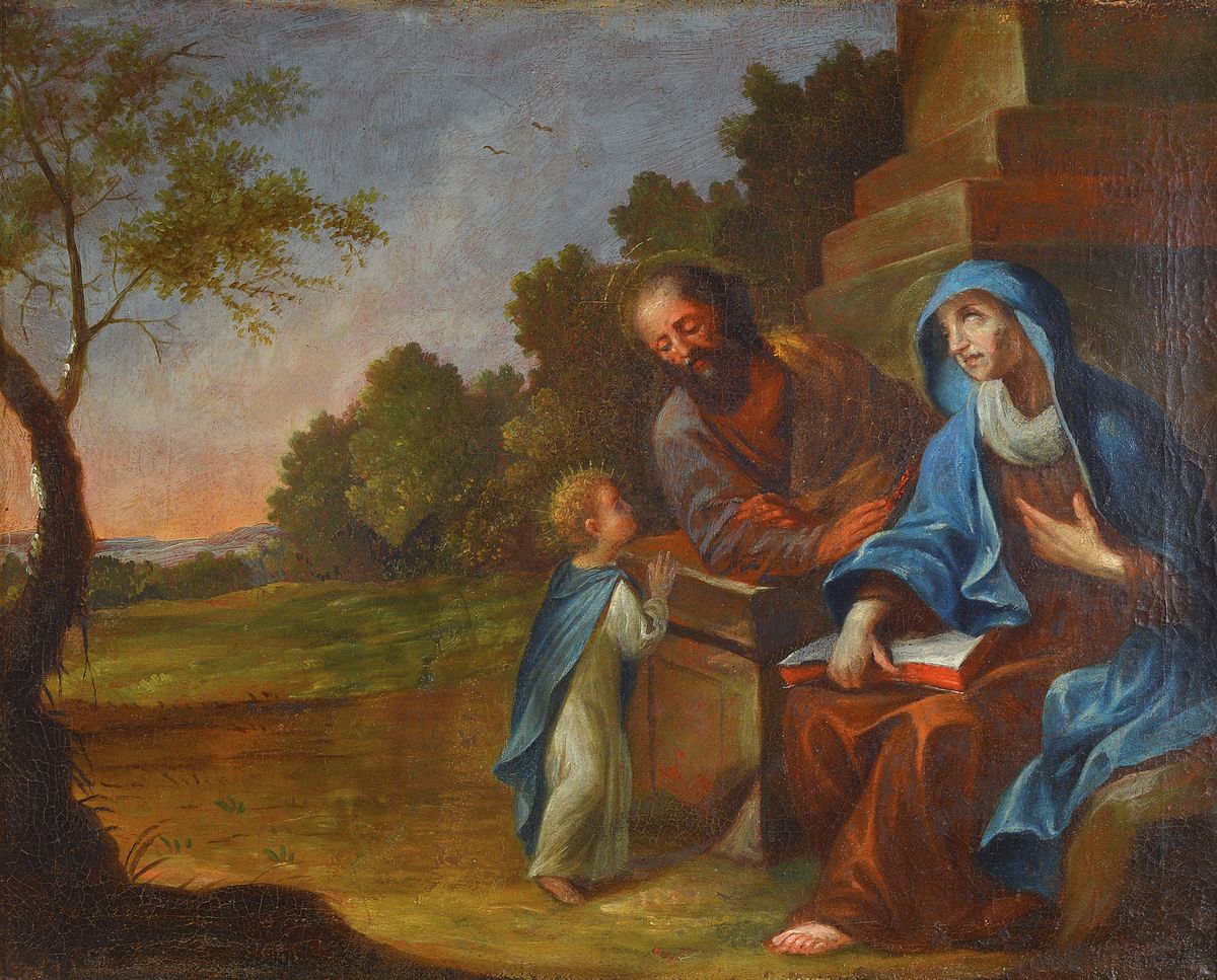 Unbekannter Maler um 1810/20, mystischer Jesus im Gespräch mit sich selbst als Kind und Maria in Bekennergeste und heiliger Schrift, nach ...