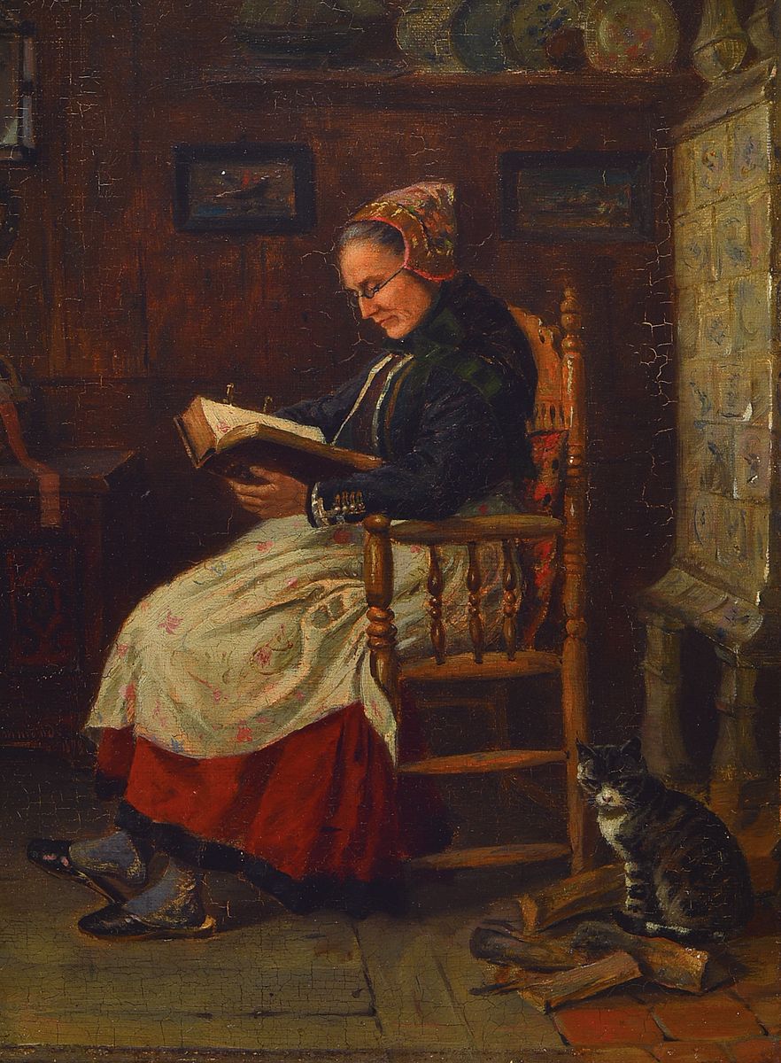 Julius Simmonds, 1843 Pyrmont-1924 Hamburg, Dame im Tracht bei der Bibelstudie, sehr schöne Schilderung des Interieurs mit holländischen ...