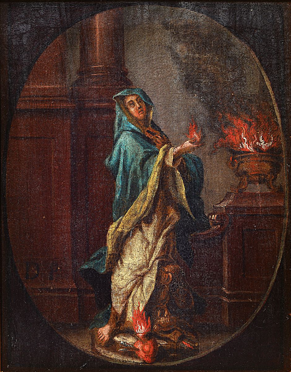 wohl italienischer Künstler, um 1770, Darstellung einer Vestalin, im Tempel Opfer darbringend, Anspielung auf das Christentum, Vestalin stark an ...