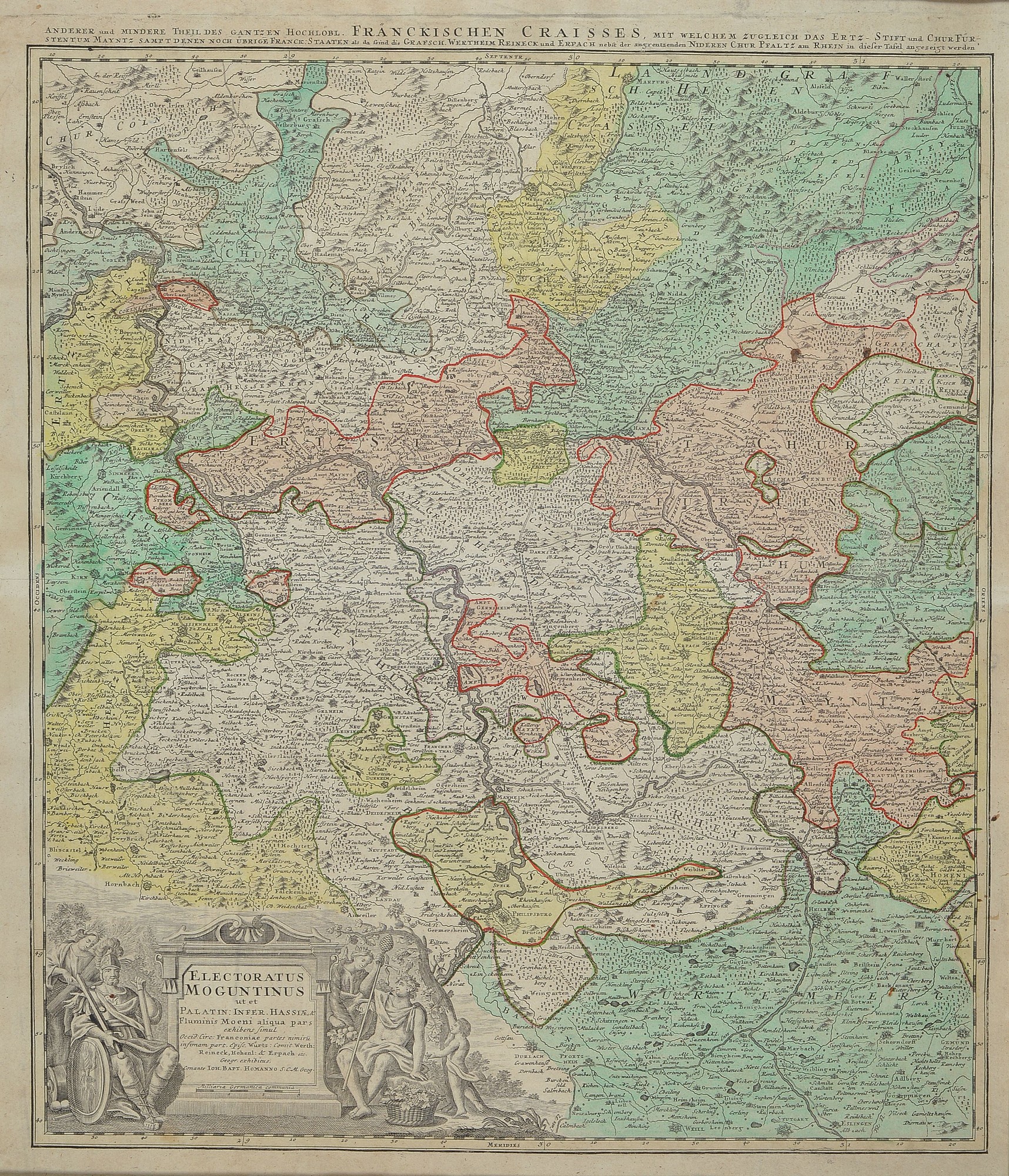 Detail a: 2 Kupferstichkarten aus dem 18. Jh., 1) Mainz mit Pfalz und südlichem Hessen, Joh. Bapt. Homann, ca. 59x49cm, 2) Erpach Comitatus, Joh. Jansonius, ...