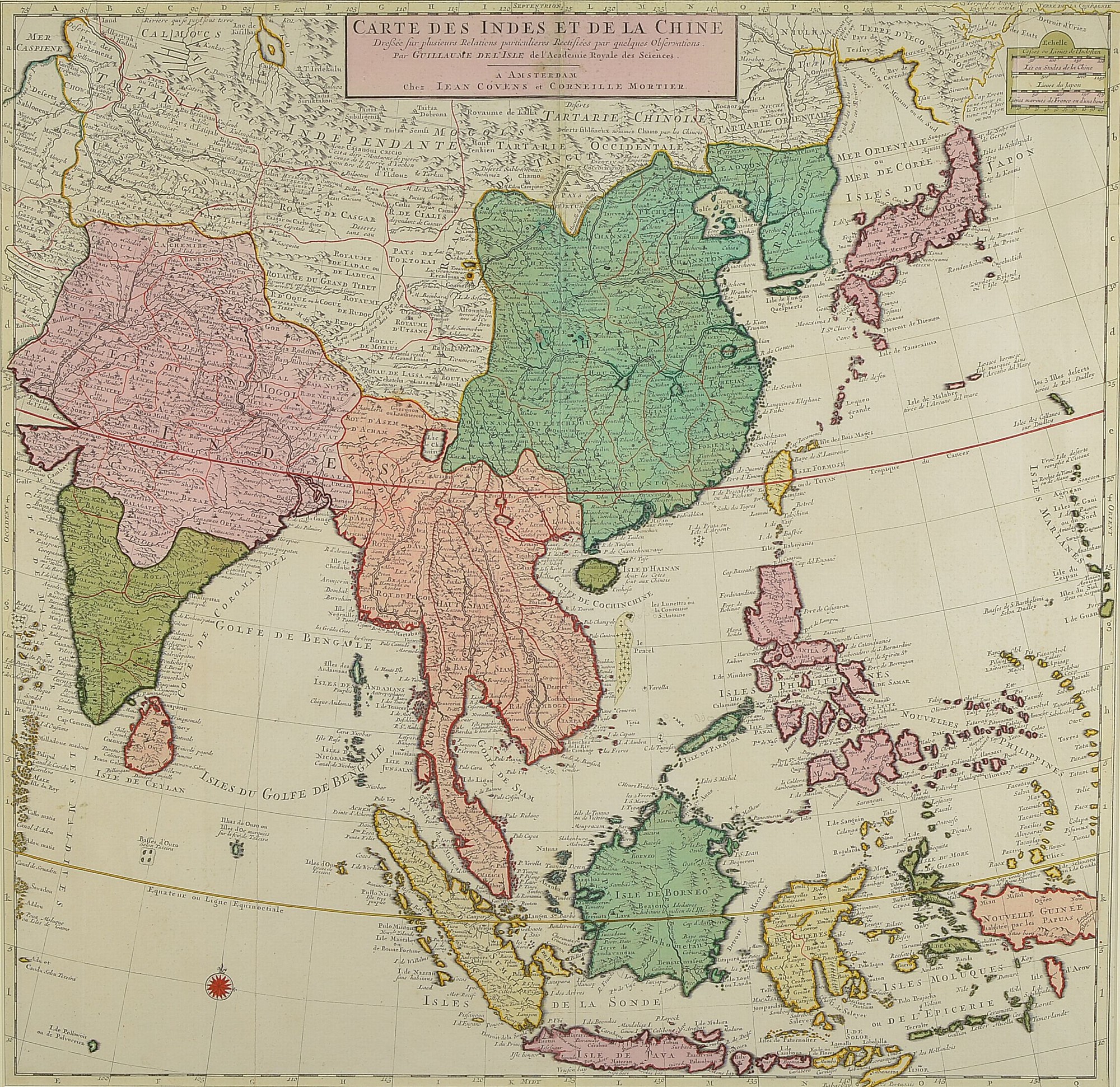 Kupferstichkarte, Guillaume de l'Isle, um 1700, Südostasien mit Indien, China, Indonesien etc., Doppelblatt mit Bugfalte, teilkoloriert, ca. ...