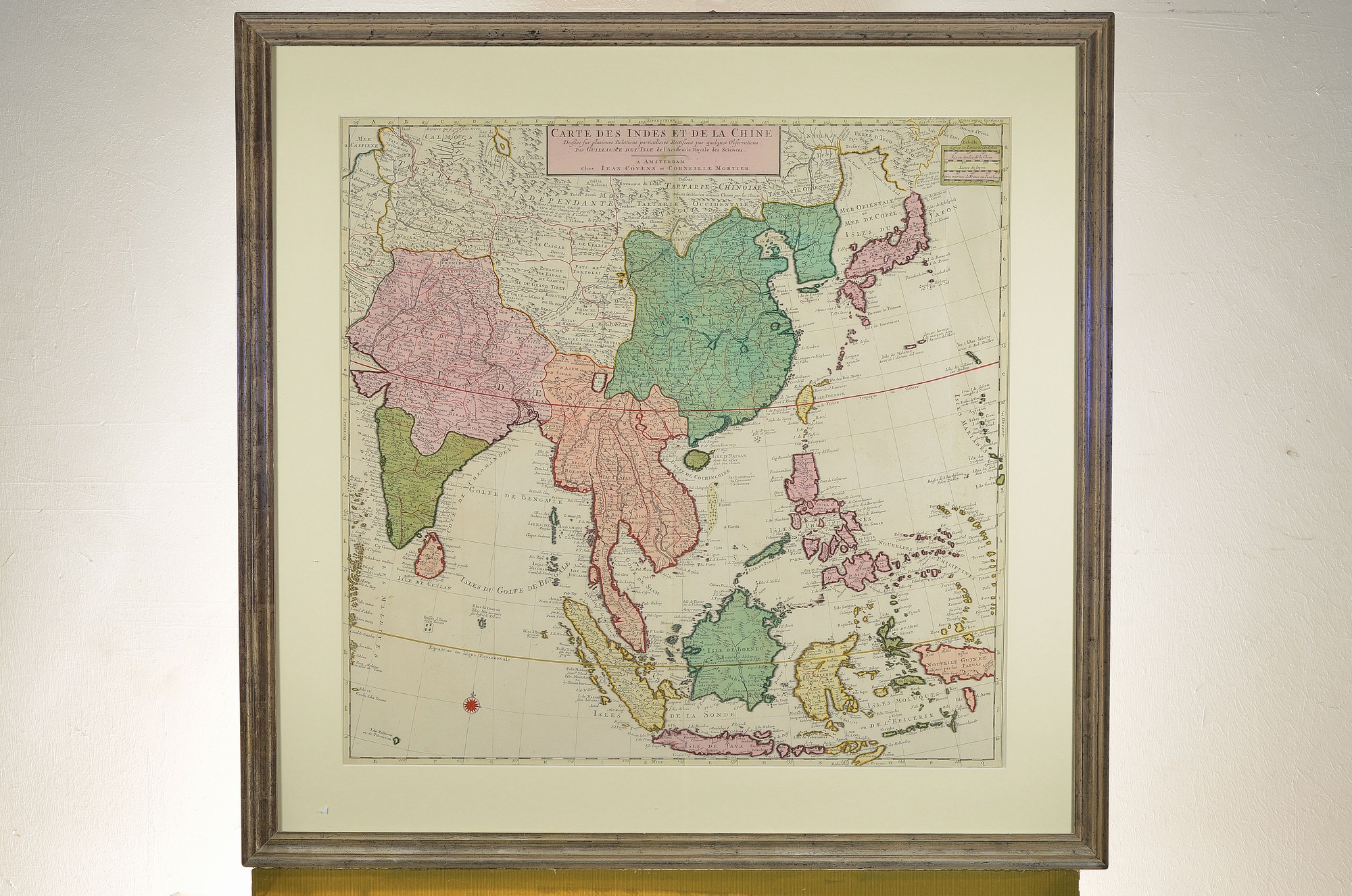 Detail k: Kupferstichkarte, Guillaume de l'Isle, um 1700, Südostasien mit Indien, China, Indonesien etc., Doppelblatt mit Bugfalte, teilkoloriert, ca. ...