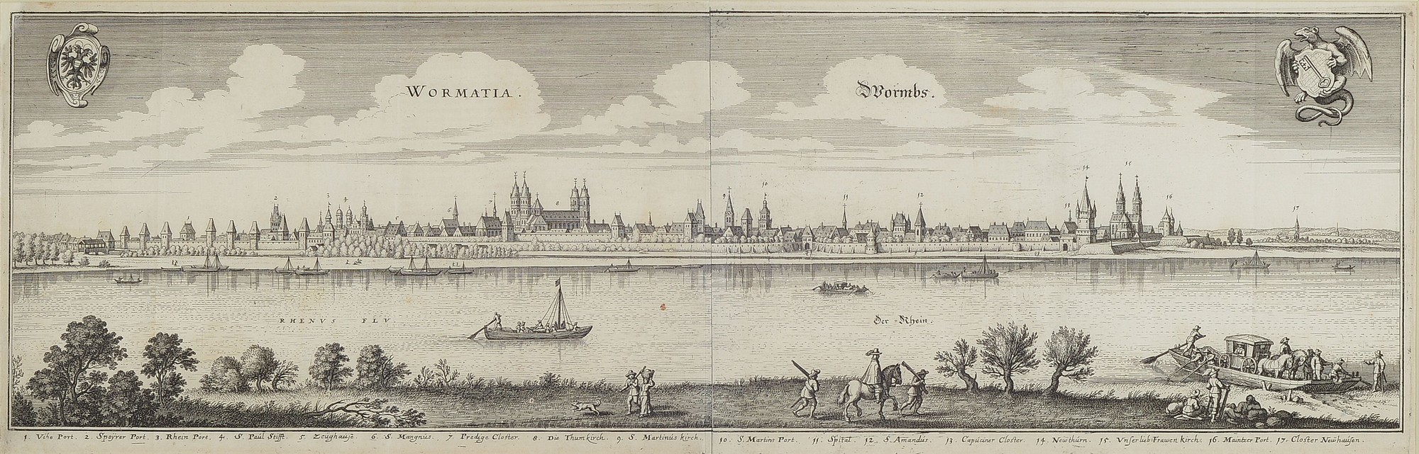3 Kupferstiche zu den Städten Mainz, Worms und Frankfurt a.M., deutsch, um 1700, Mainz und Worms von M. Merian, mehrfach gefaltet, je ca. 20x68cm, ...