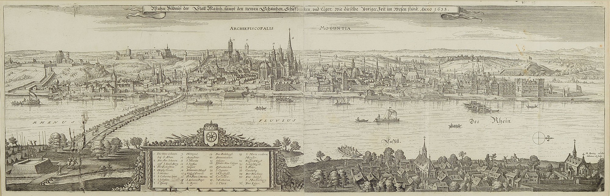 Detail a: 3 Kupferstiche zu den Städten Mainz, Worms und Frankfurt a.M., deutsch, um 1700, Mainz und Worms von M. Merian, mehrfach gefaltet, je ca. 20x68cm, ...