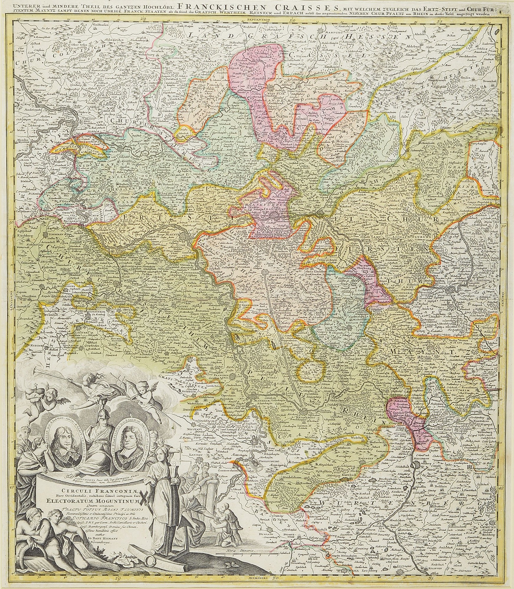 3 Kupferstichkarten aus dem 18. Jh., Homann und Homanns Erben, alle teilkoloriert und mit Bugfalte, 1) Circuli Franconiae... Electoratum Moguntinum, ...