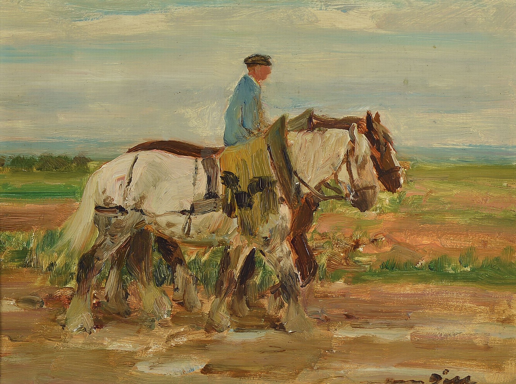 Otto Dill, 1884 Neustadt - 1957 Bad Dürkheim, Bauer mit zwei Kaltblütern, Öl/Platte, diese rückseitig mit Bleistift beschriftet, re. u. ...
