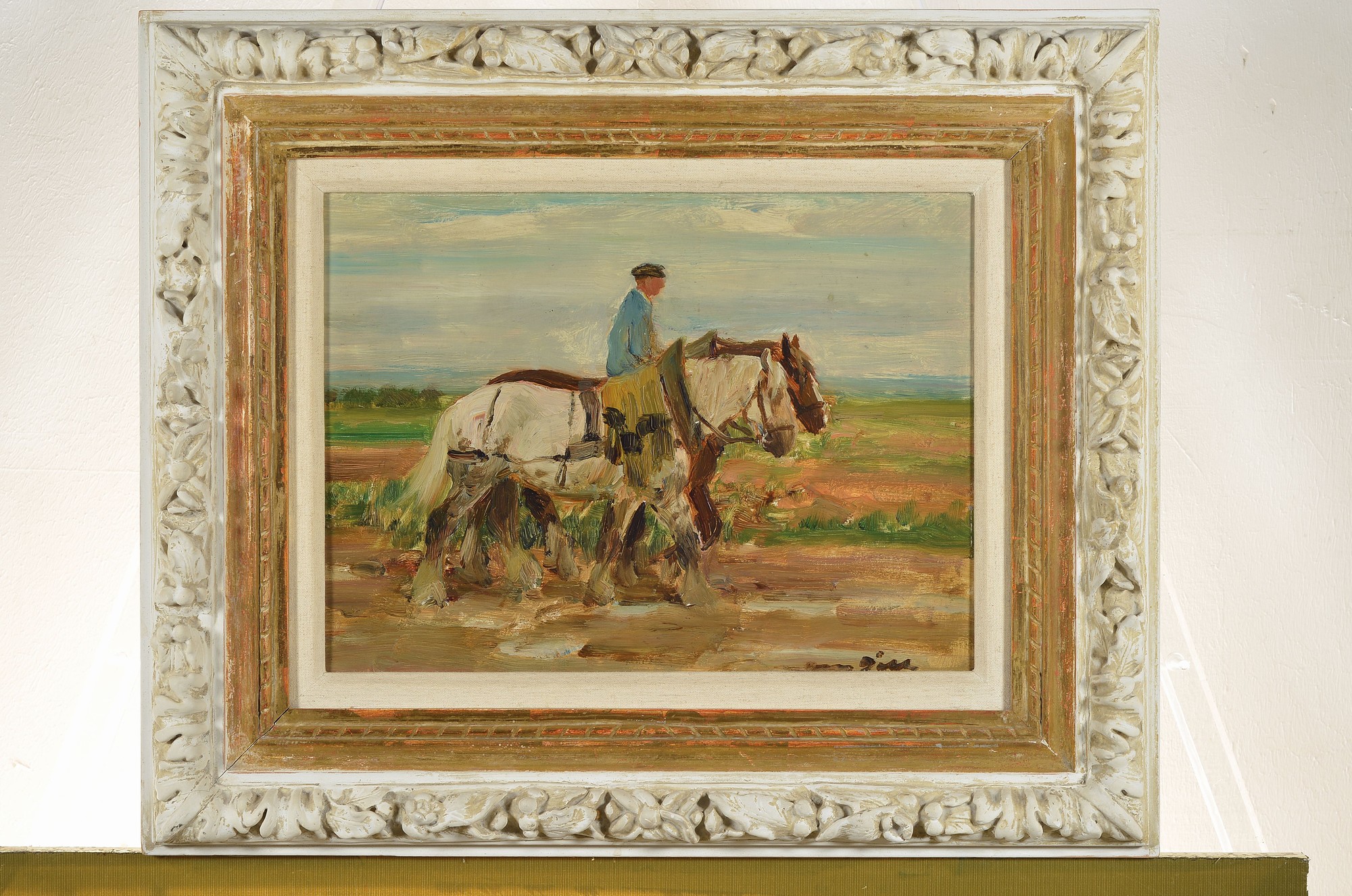 Detail k: Otto Dill, 1884 Neustadt - 1957 Bad Dürkheim, Bauer mit zwei Kaltblütern, Öl/Platte, diese rückseitig mit Bleistift beschriftet, re. u. ...