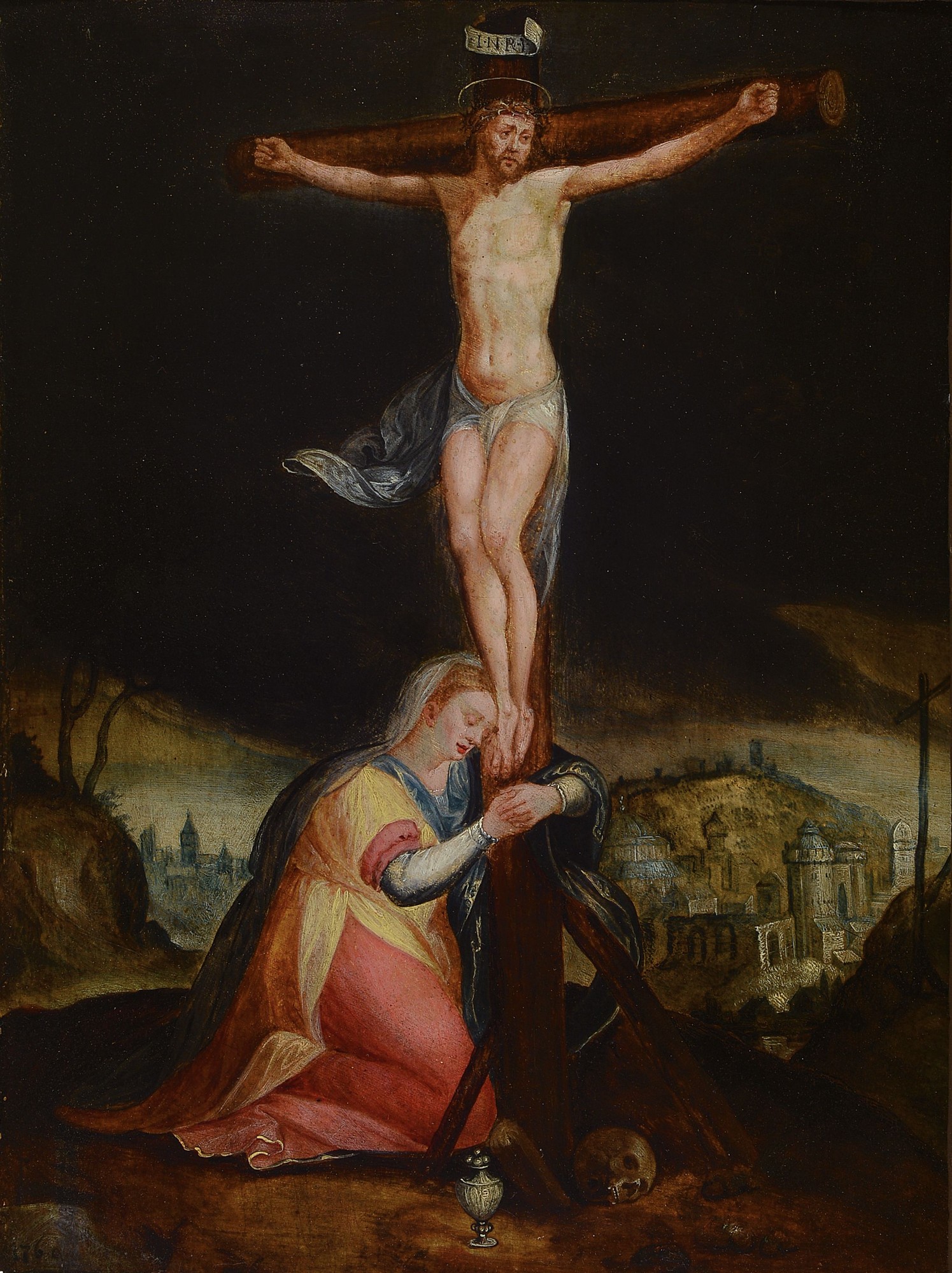 Unbekannter Künstler, Frankreich, um 1780, Maria weinend unter dem Kreuz, Öl/Holz (gewölbt), ca. 48x36cm, Altersschäden, R.