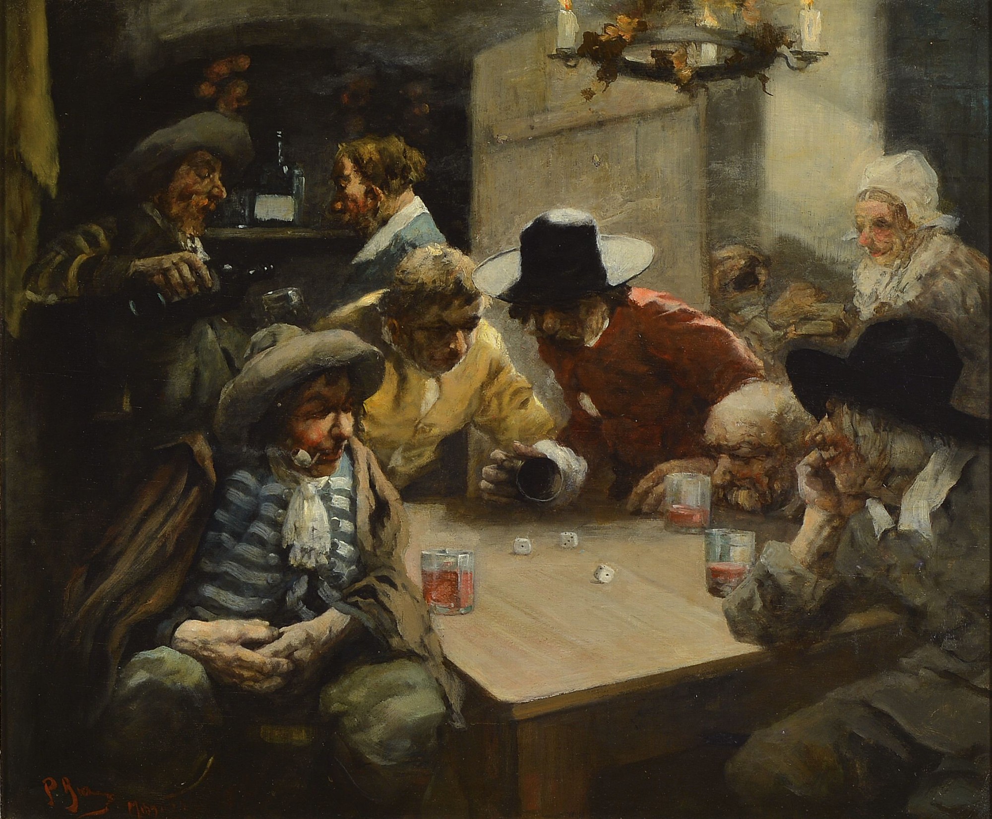 Paul Brauns, Münchener Maler des 19./20. Jh., Männer beim Würfelspiel, Öl/Holz, links unten signiert, ca. 50x60cm, R. ca. 74x84cm, Prunkrahmen