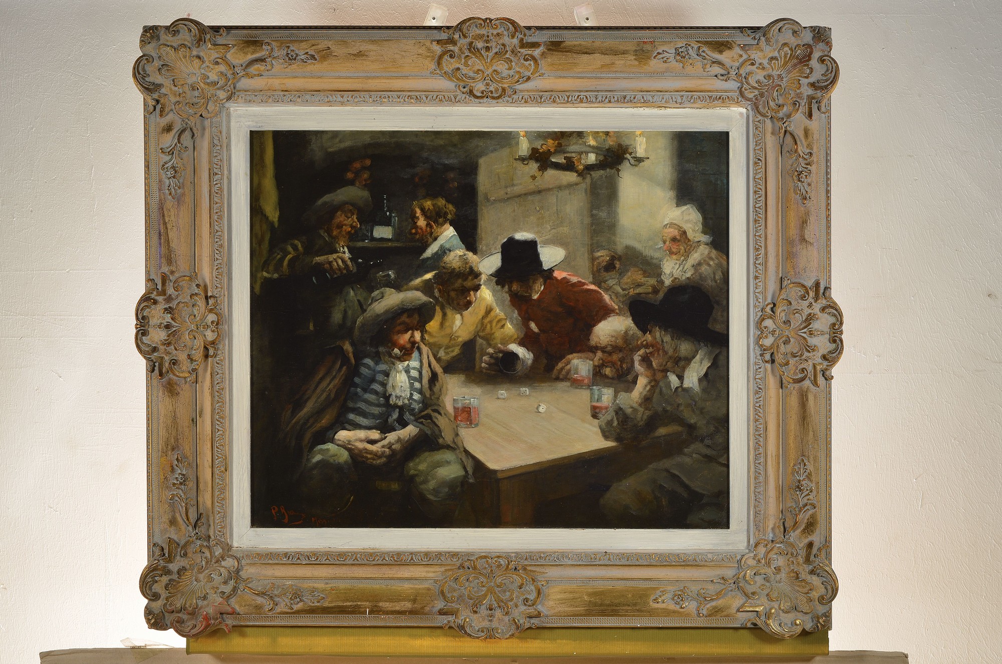 Detail k: Paul Brauns, Münchener Maler des 19./20. Jh., Männer beim Würfelspiel, Öl/Holz, links unten signiert, ca. 50x60cm, R. ca. 74x84cm, Prunkrahmen