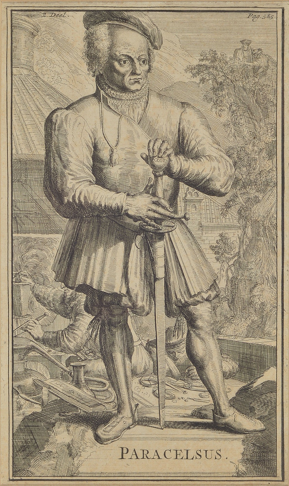 Kupferstich, deutsch, 16. Jh., Ganzporträt des Paracelsus (1494-1541), ca. 26x15cm, PP, u.Gl., R. ca. 40x28cm