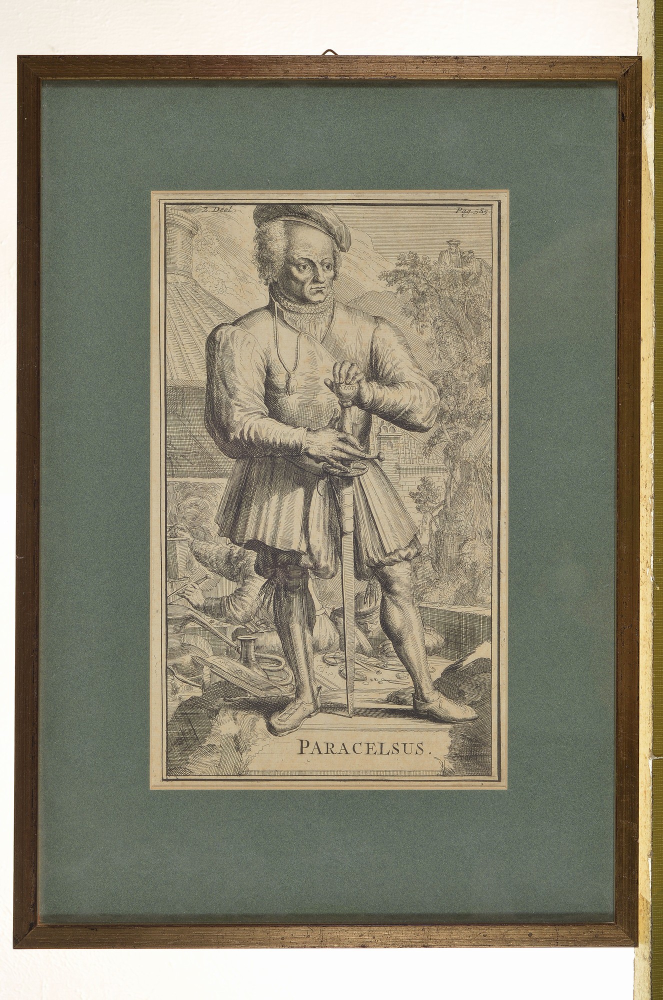Detail k: Kupferstich, deutsch, 16. Jh., Ganzporträt des Paracelsus (1494-1541), ca. 26x15cm, PP, u.Gl., R. ca. 40x28cm