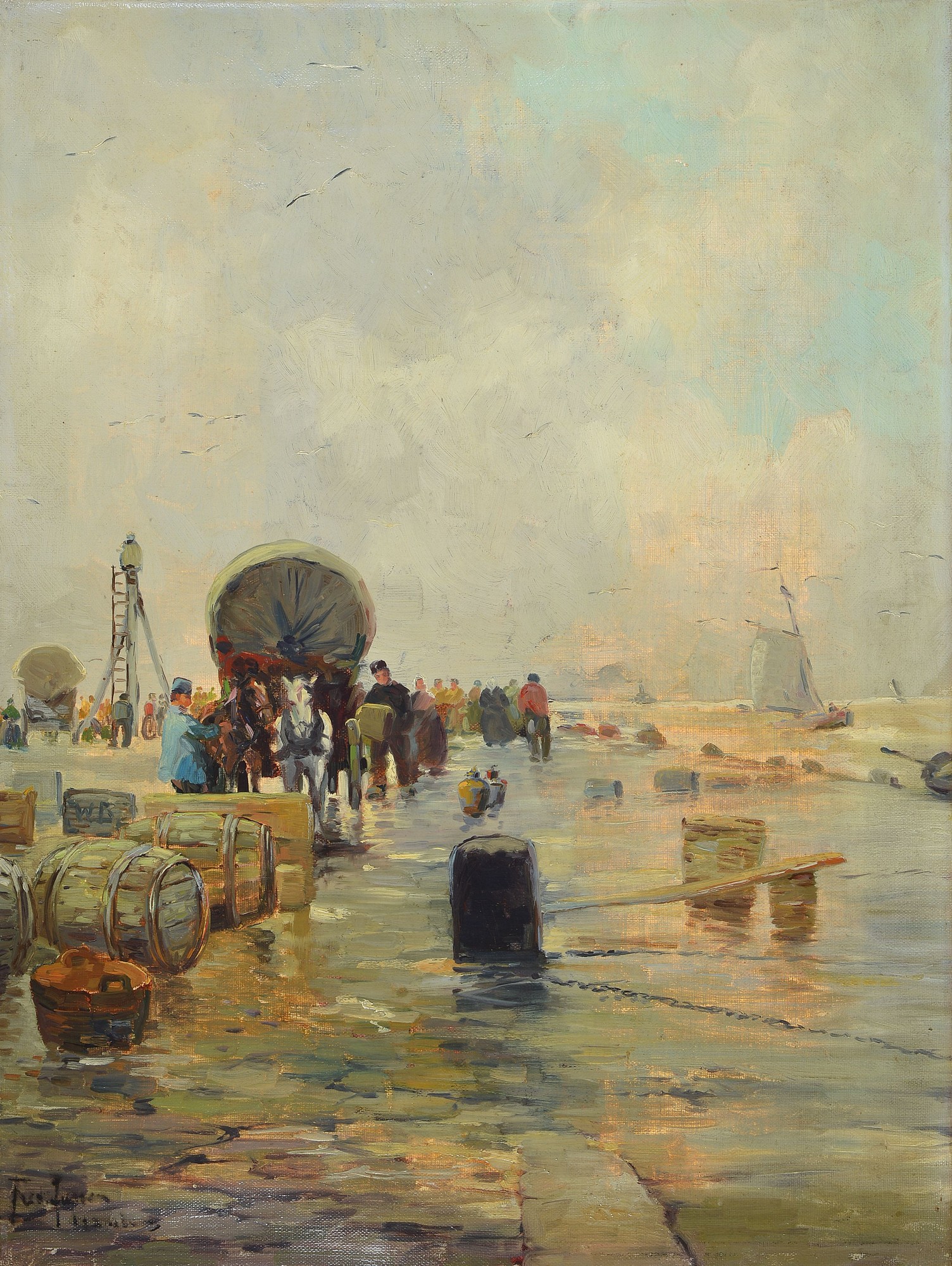 Ferd. Jansen o.ä., deutscher Maler um 1920-30, Heimkehr der Fischer am Kai, Öl/Lwd, links unten schwer lesbar signiert, ca. 60x45cm