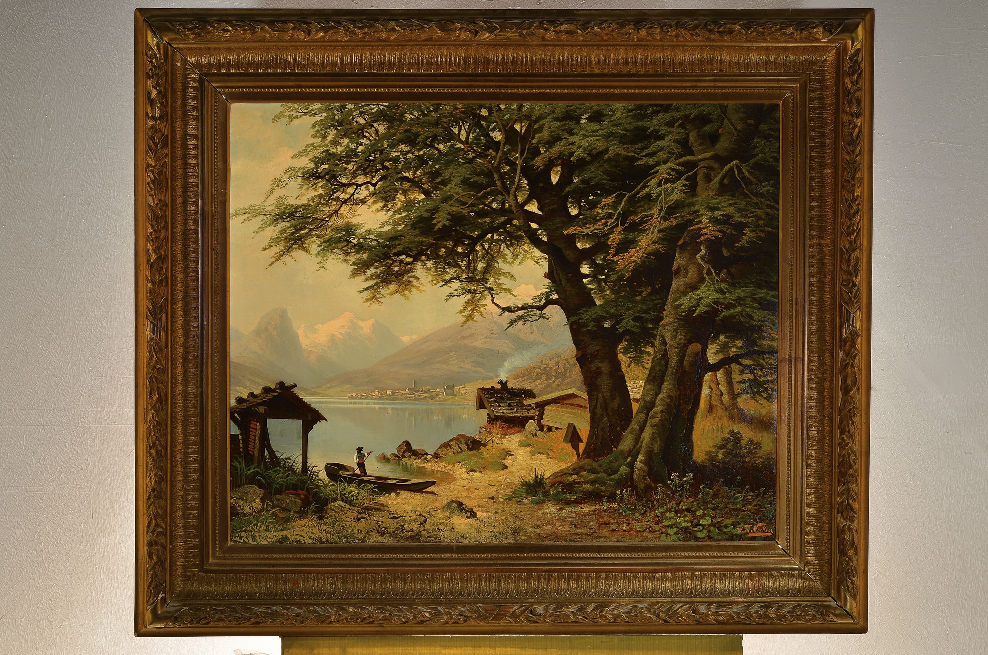 Detail k: Wilhelm Theodor Norken, 1830-1905 Düsseldorf, Landschaft, Blick durch die Bäume über den See auf die Berge, am Ufer ein Fischer und Hütten, ...