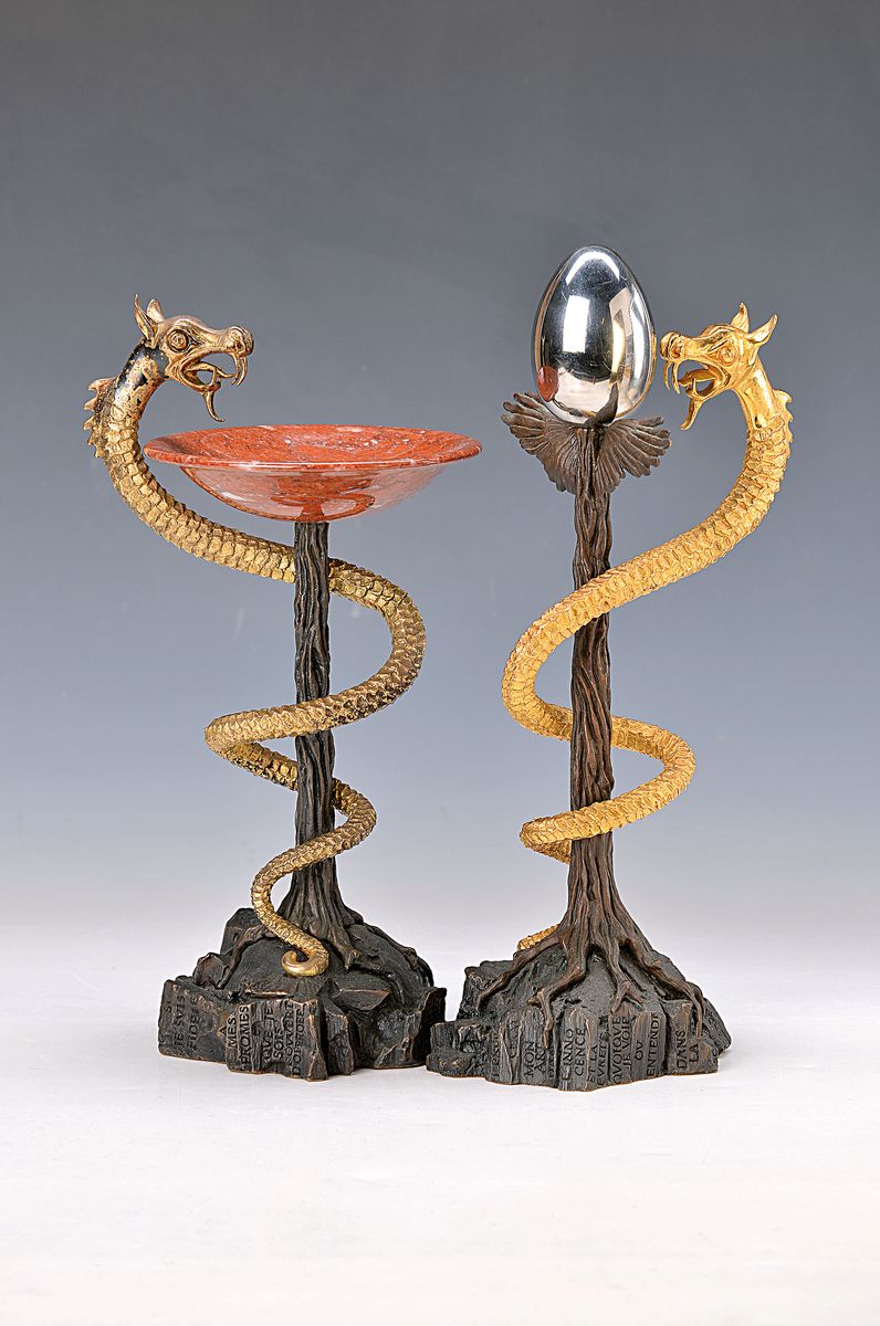 Salvador Dali, 1904 Figureres - 1989, Caducée I und Caducée II, zwei Skulpturen: Bronze massiv, patiniert, im Sockel Fragment des Hippocrates Eides ...