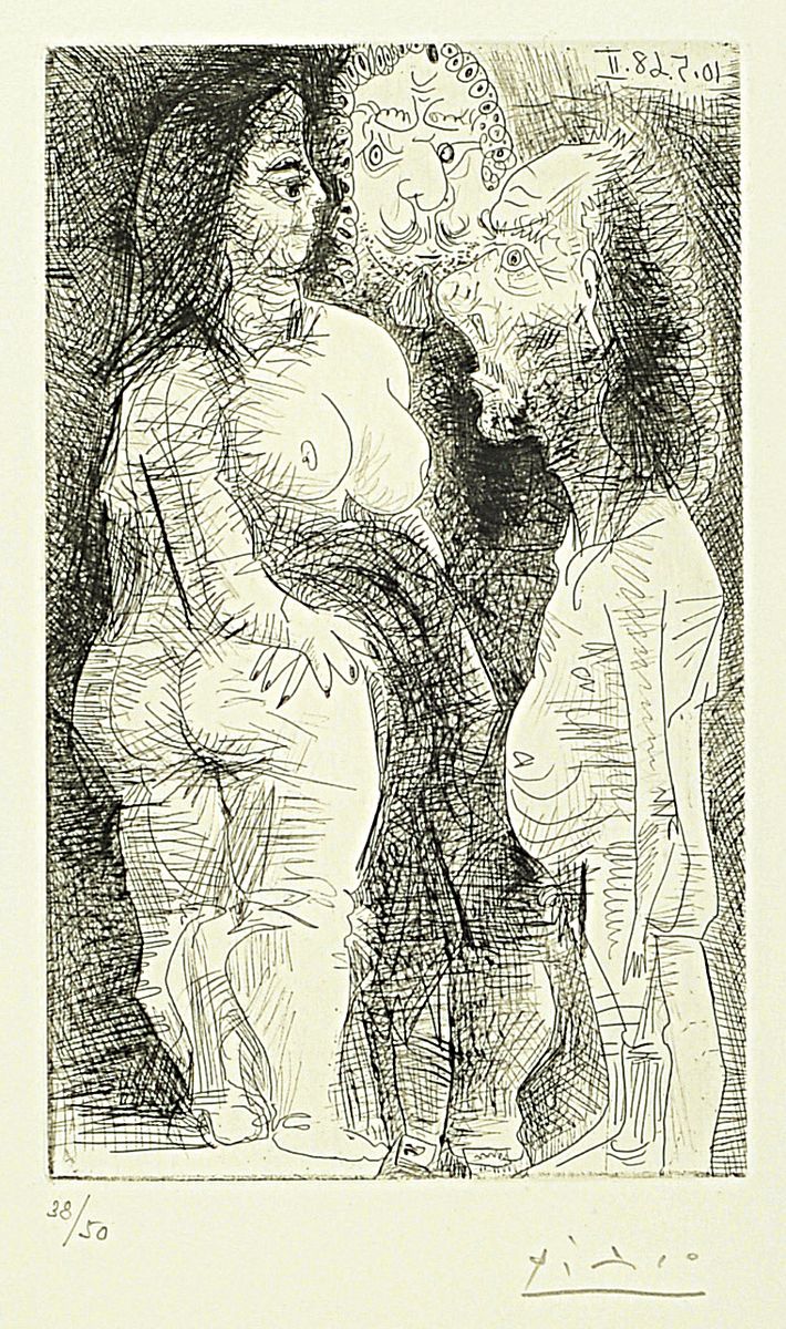 Pablo Picasso, 1881 - 1973, Aquatinta- und Kaltnadelradierung, Titel: Grande Courtisane avec un veillard et un spectateur" aus der Suite 347 ...