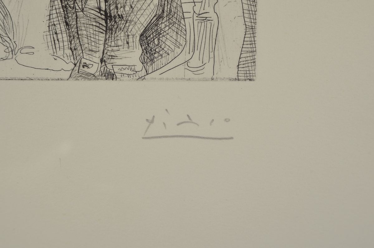 Detail l: Pablo Picasso, 1881 - 1973, Aquatinta- und Kaltnadelradierung, Titel: Grande Courtisane avec un veillard et un spectateur" aus der Suite 347 ...