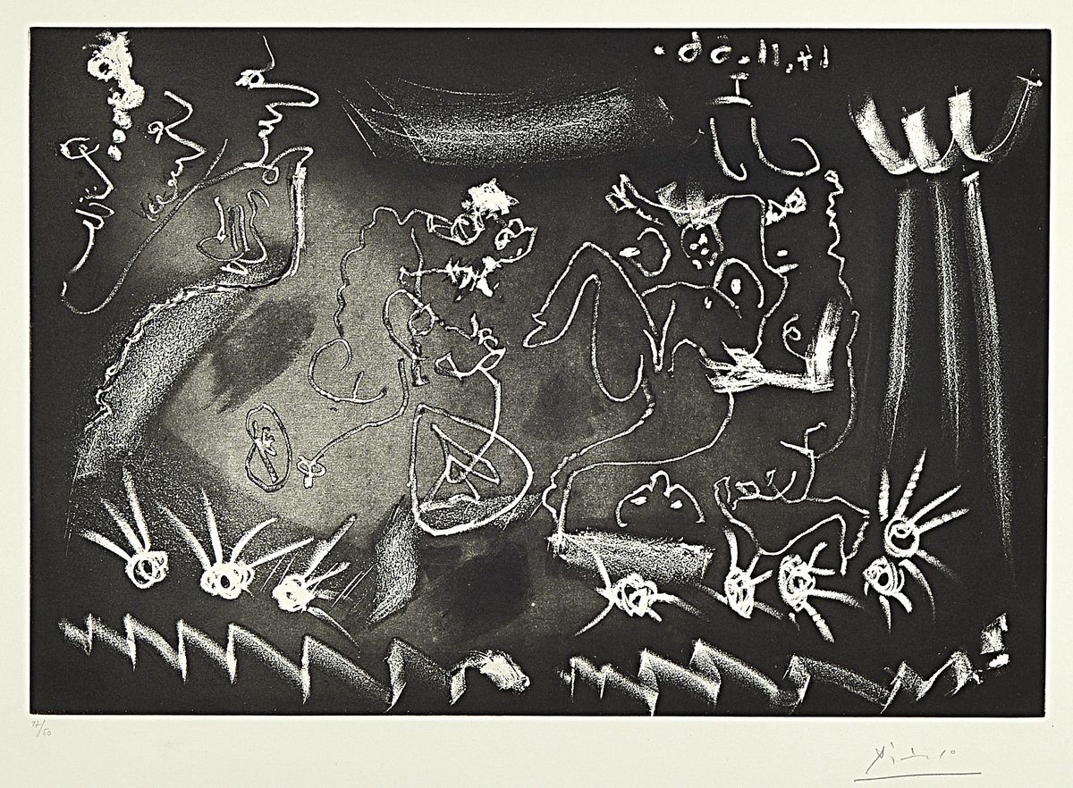 Pablo Picasso, 1881 - 1973, Aquatinta- und Kaltnadelradierung auf BFK Rives-Papier mit Wasserzeichen, Titel: "Au Theatre" aus der Suite ...