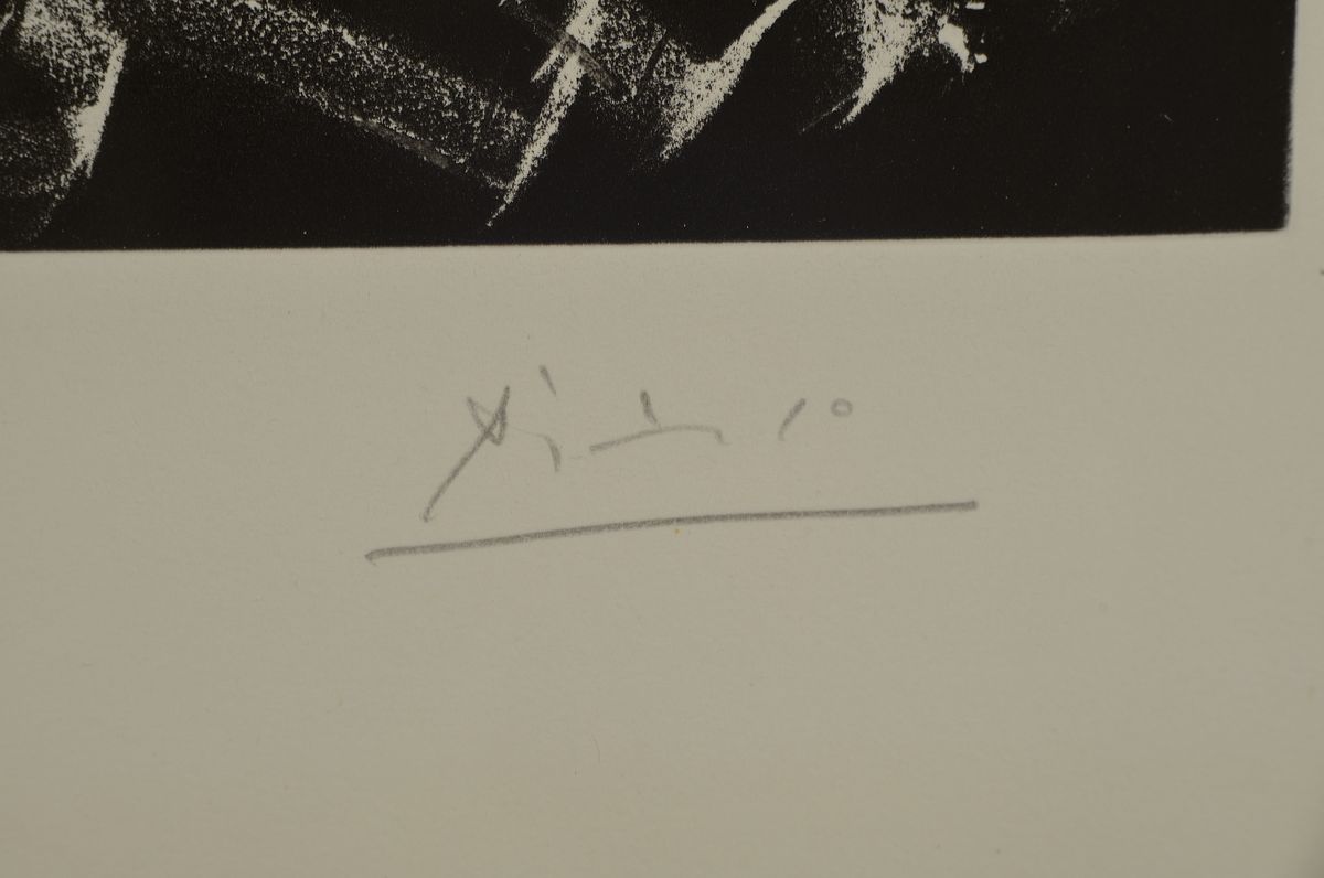 Detail l: Pablo Picasso, 1881 - 1973, Aquatinta- und Kaltnadelradierung auf BFK Rives-Papier mit Wasserzeichen, Titel: "Au Theatre" aus der Suite ...