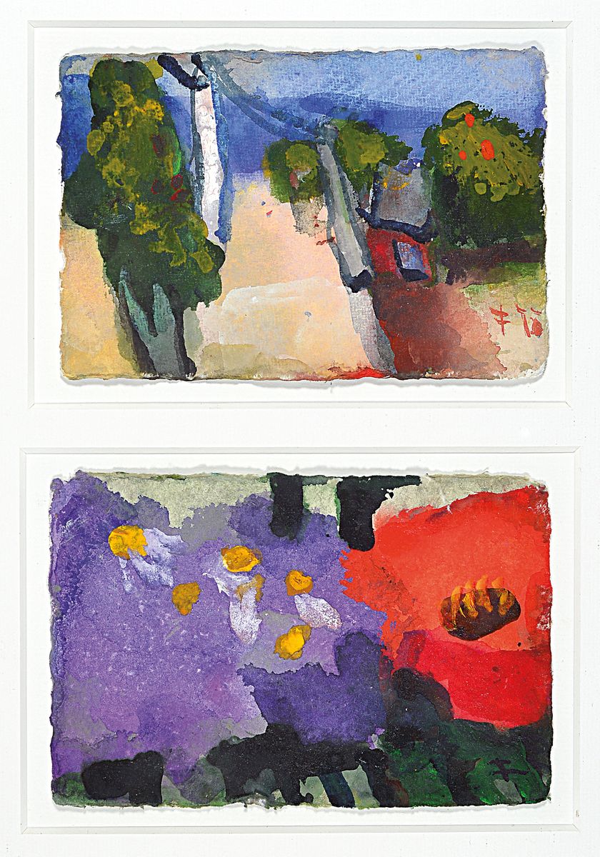 Klaus Fußmann, geb. 1938, Gouache auf Papier, zwei Werke in einem Rahmen, südliche Landschaft und Blumen, beide monogrammiert, ca. je 10 x 14 cm, ...