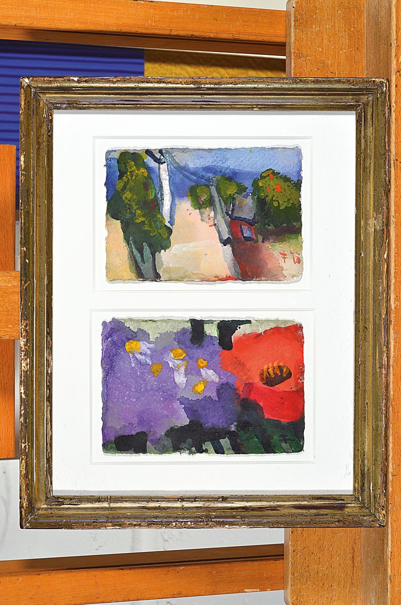 Detail k: Klaus Fußmann, geb. 1938, Gouache auf Papier, zwei Werke in einem Rahmen, südliche Landschaft und Blumen, beide monogrammiert, ca. je 10 x 14 cm, ...