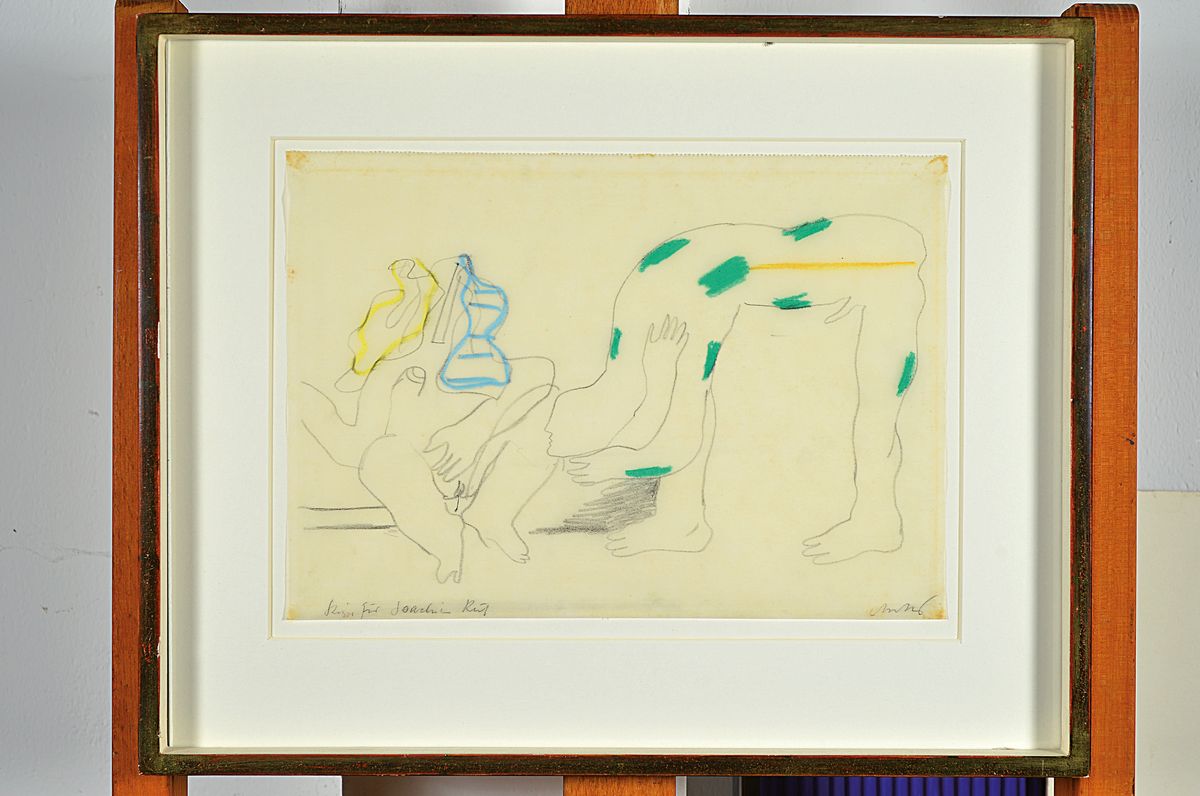 Detail k: Horst Antes, geb. 1936, Erotik-Motiv, handsigniert, mit Widmung, signiert, Bleistift und Farbstift auf Pergament-Papier , ca. 21 x 29 cm/33.5 x 42 ...