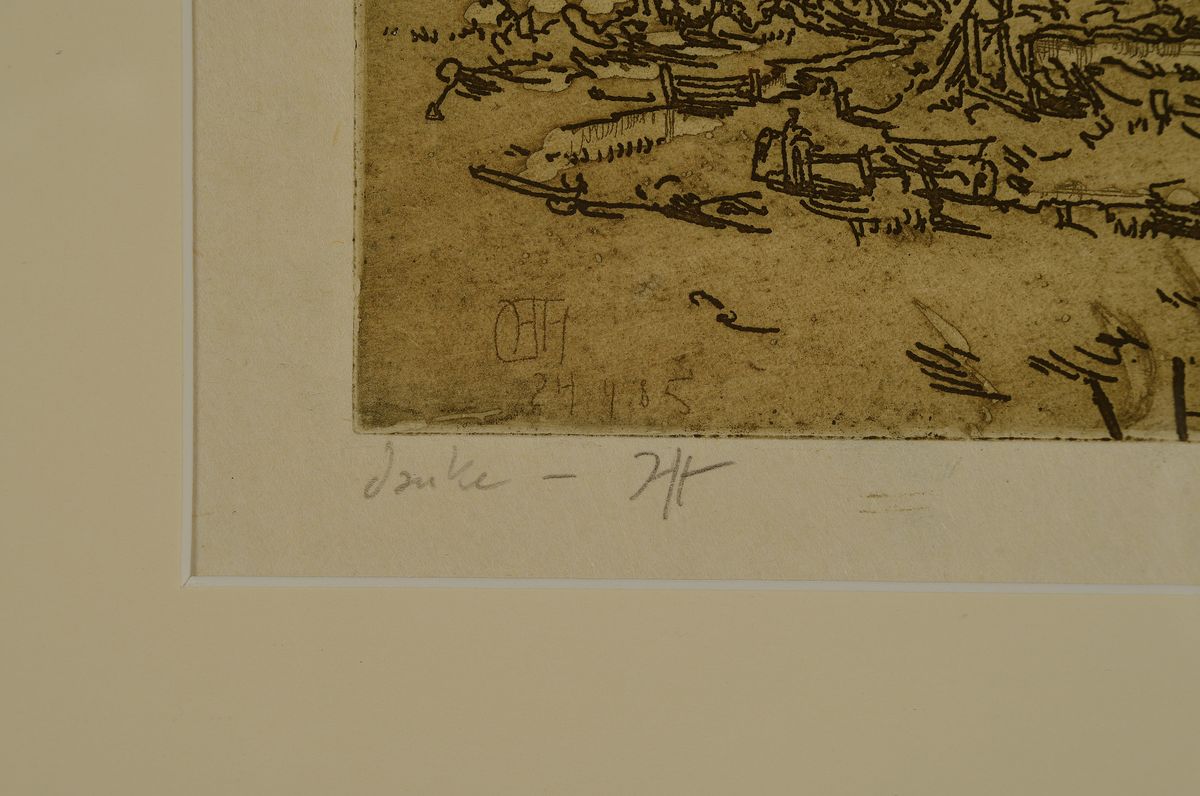 Detail l: Horst Janssen, 1929-1995, Radierung auf feinem Japanbüten, " Eiderland", handsigniert, Probedruck für den Drucker vor der eigentlichen ...